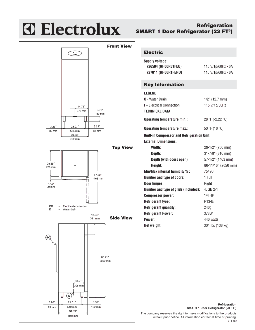 Electrolux RH06R1FERU, 726594, 727011 warranty Refrigeration Smart 1 Door Refrigerator 23 FT3, Front View Top View Side View 