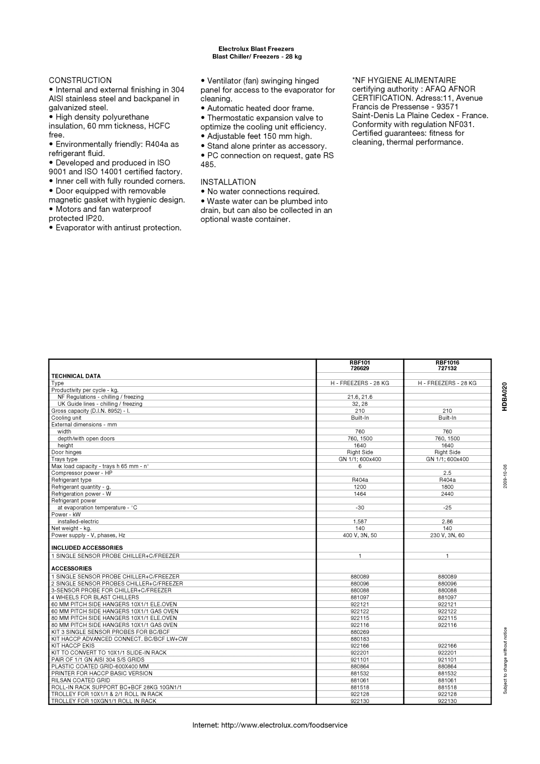 Electrolux RBF1016, 726629, 727132 manual Construction, Installation, Technical Data, Included Accessories 