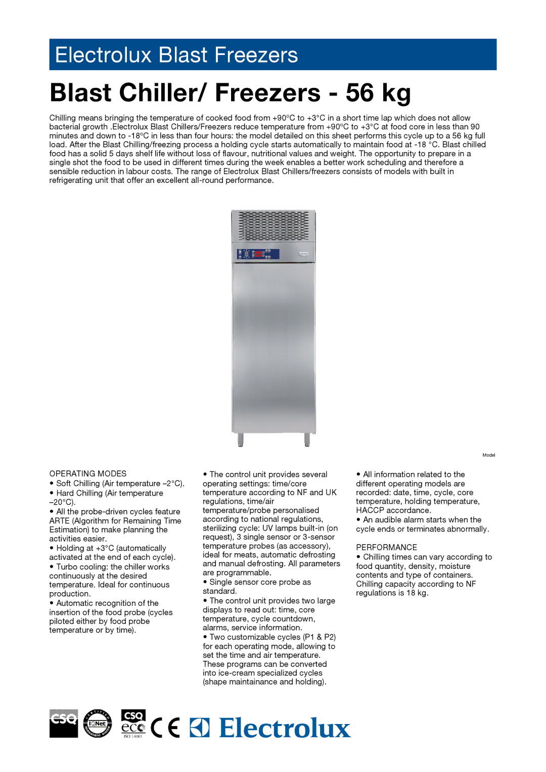 Electrolux 727133, 726630, RBF2016 manual Blast Chiller/ Freezers 56 kg, Operating Modes, Performance 