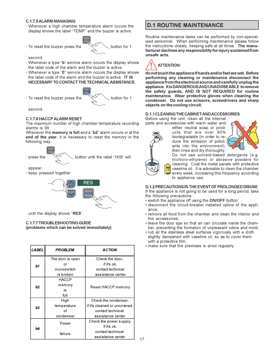 Electrolux PR43RE1FEU, 726673 Alarm Managing, Necessary to Contact the Technicalassistance, Haccp Alarm Reset, · press 