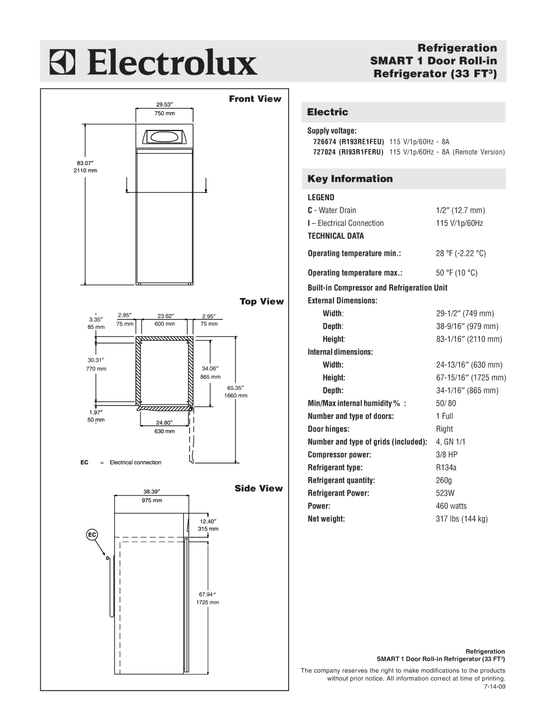 Electrolux R193RE1FEU, 726674, 727024 Refrigeration Smart 1 Door Roll-in Refrigerator 33 FT3, Front View Top View Side View 