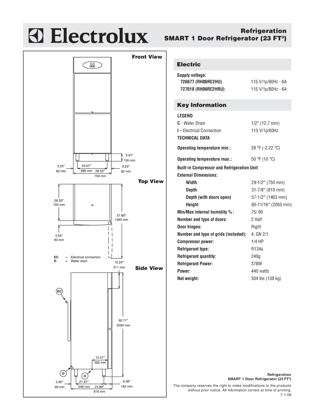 Electrolux RH06RE2HRU, 726677, 727018 warranty Refrigeration Smart 1 Door Refrigerator 23 FT3, Front View Top View Side View 