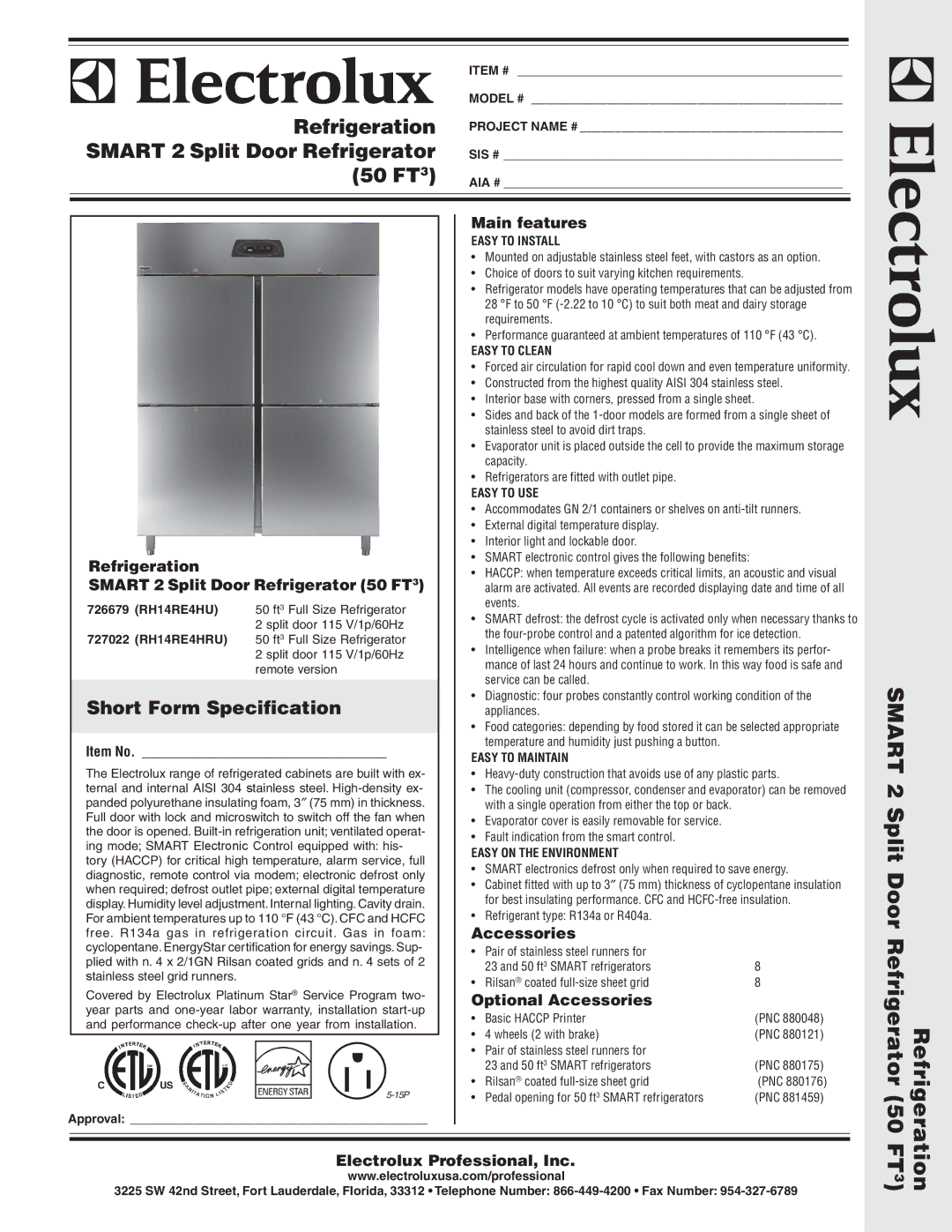 Electrolux 727022, 726679 warranty Main features, Refrigeration, Smart 2 Split Door Refrigerator 50 FT3, Accessories 