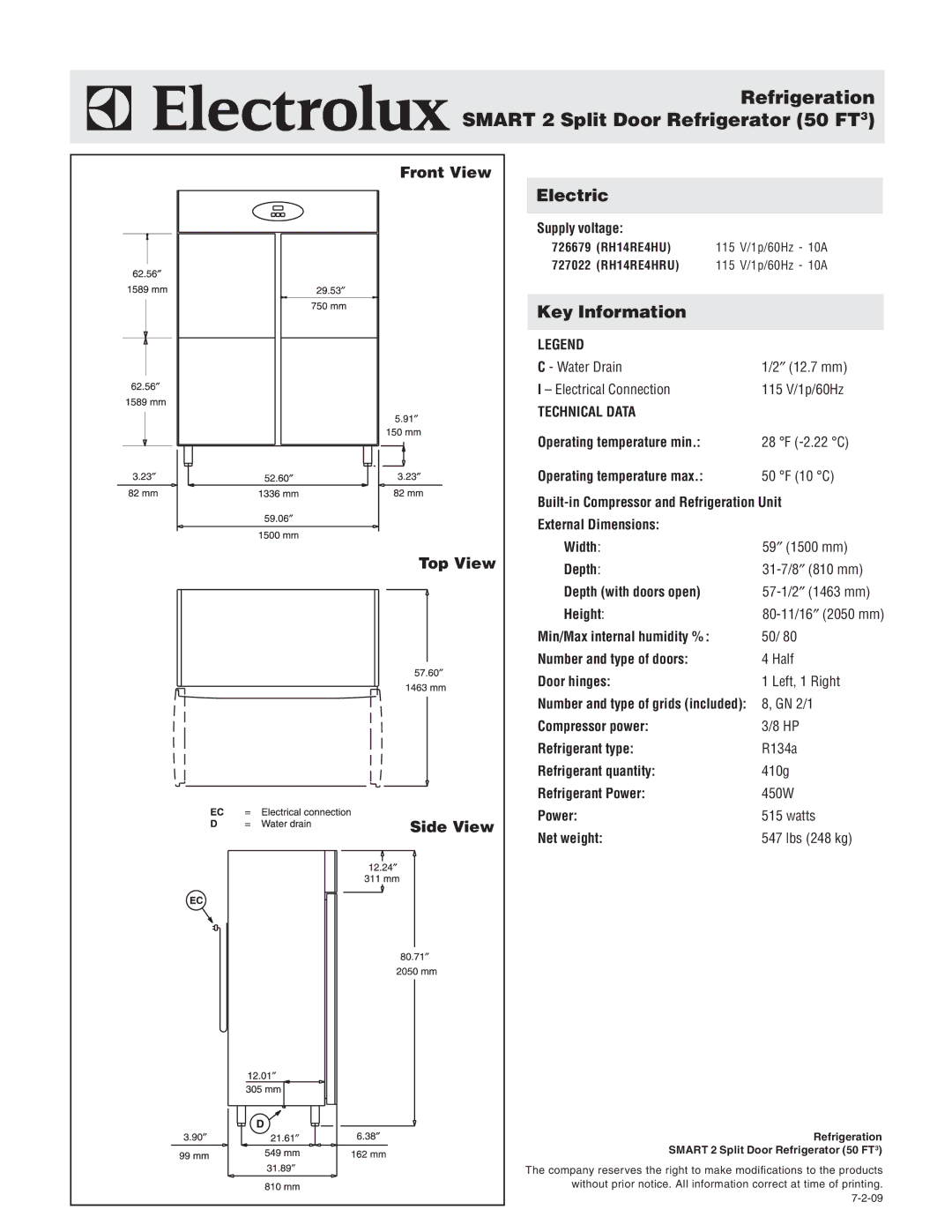 Electrolux RH14RE4HRU, 726679, 727022 warranty Front View Top View Side View, RH14RE4HU 