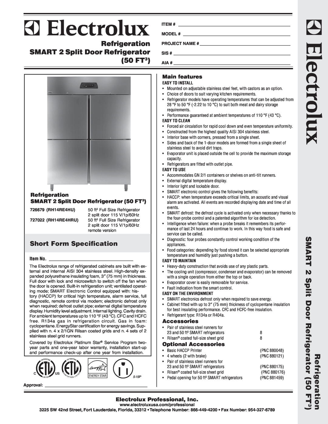 Electrolux 727022 warranty Short Form Specification, Main features, Refrigeration, SMART 2 Split Door Refrigerator 50 FT3 