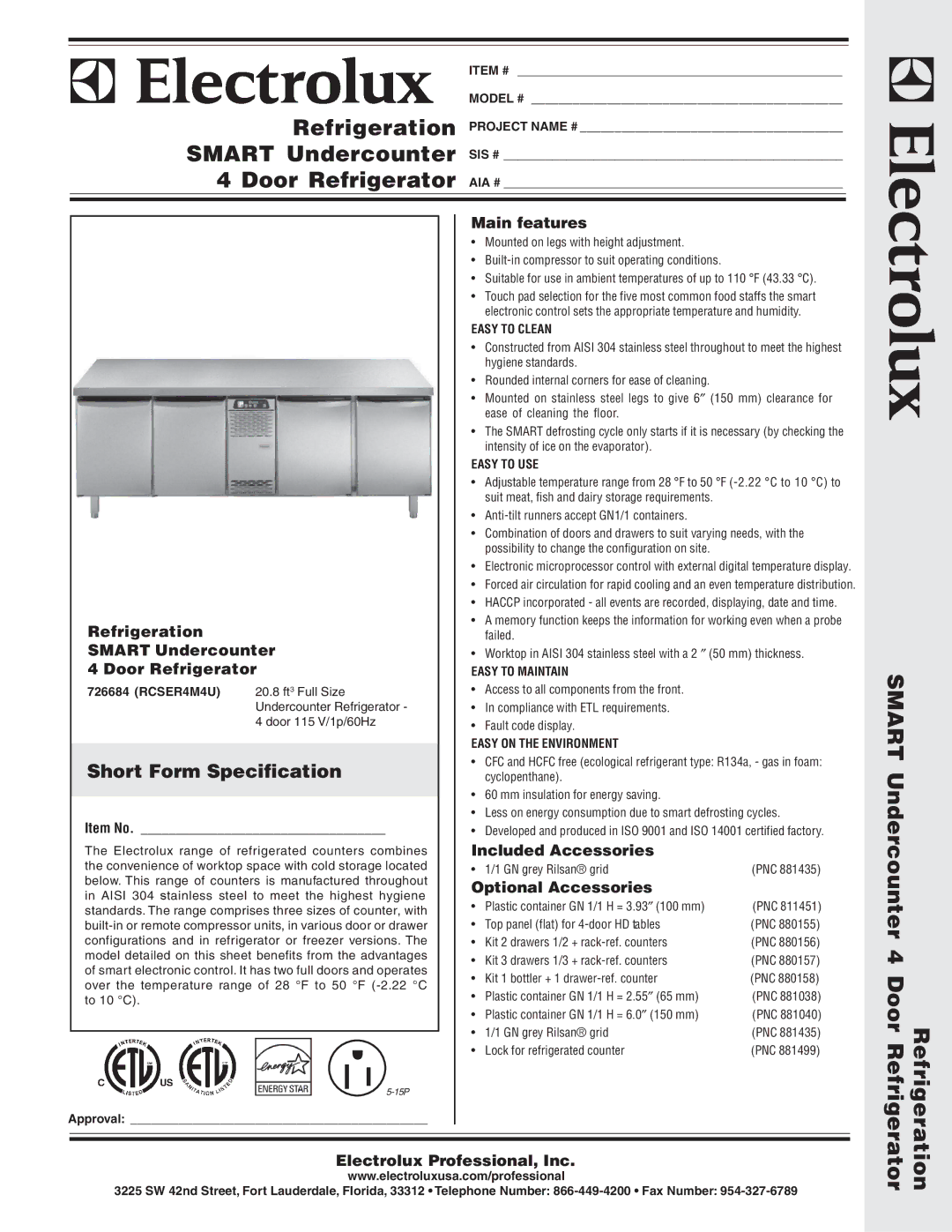 Electrolux RCSER4M4U, 726684 manual Refrigeration Smart Undercounter 4 Door Refrigerator, Short Form Specification 