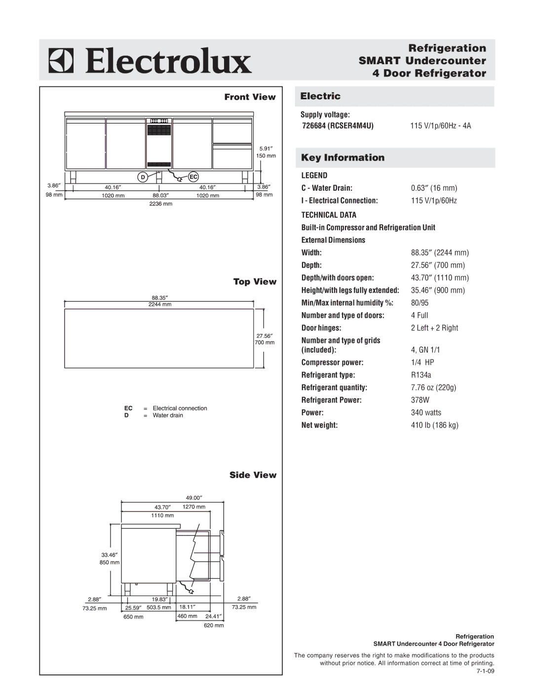 Electrolux 726684, RCSER4M4U manual Refrigeration Smart Undercounter Door Refrigerator, Front View, Top View, Side View 