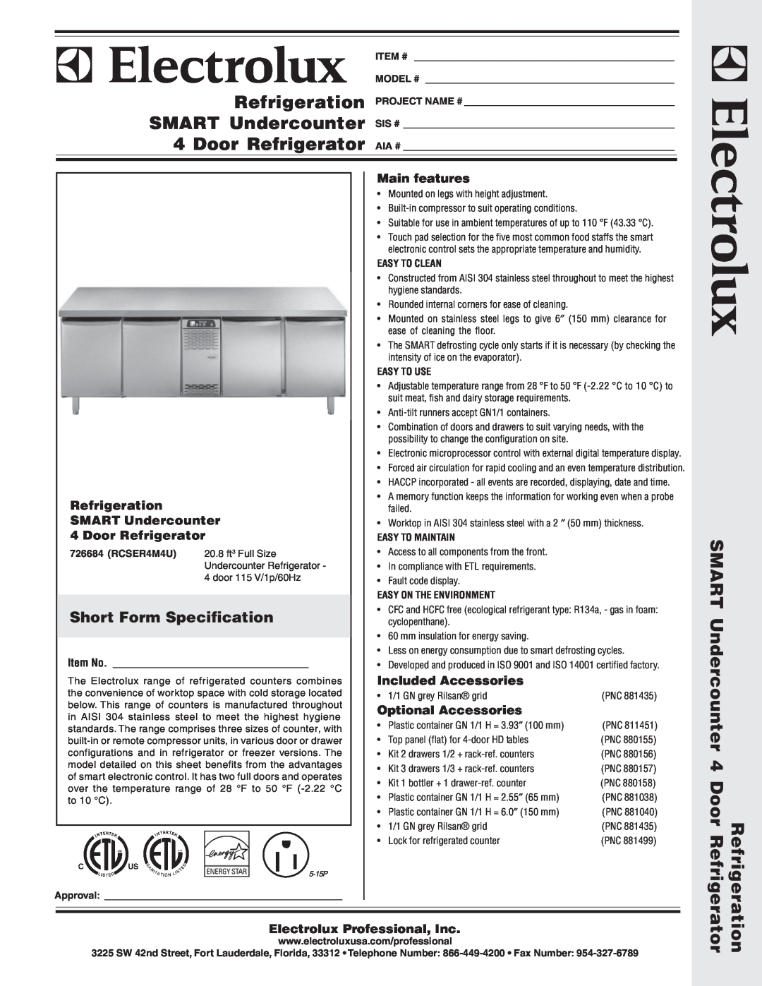 Electrolux RCSER4M4U manual Short Form Specification, Main features, Refrigeration, SMART Undercounter, Door Refrigerator 