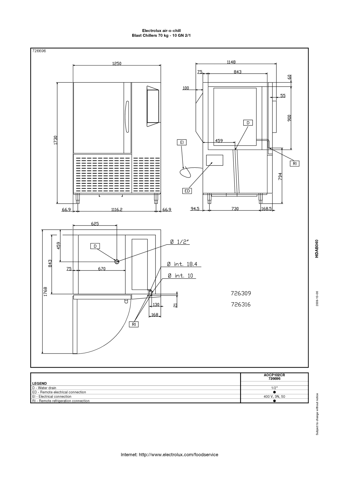 Electrolux 726695, AOCP102CR manual Electrolux air-o-chill Blast Chillers 70 kg 10 GN 2/1 726696 