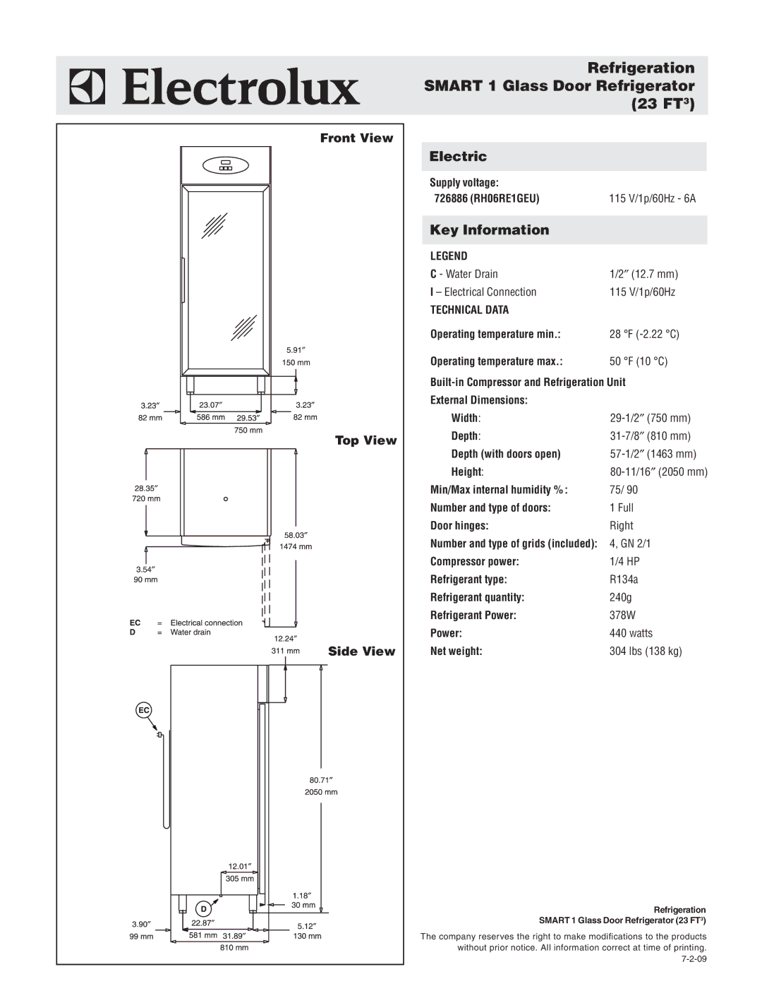 Electrolux 726886, RH06RE1GEU warranty Refrigeration Smart 1 Glass Door Refrigerator 23 FT, Front View Top View Side View 