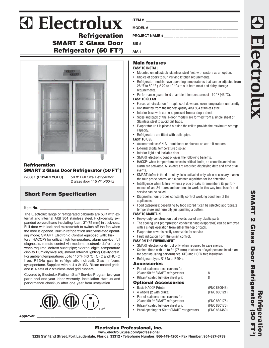 Electrolux RH14RE2GEU, 726887 warranty Main features, Refrigeration, Smart 2 Glass Door Refrigerator 50 FT3, Accessories 