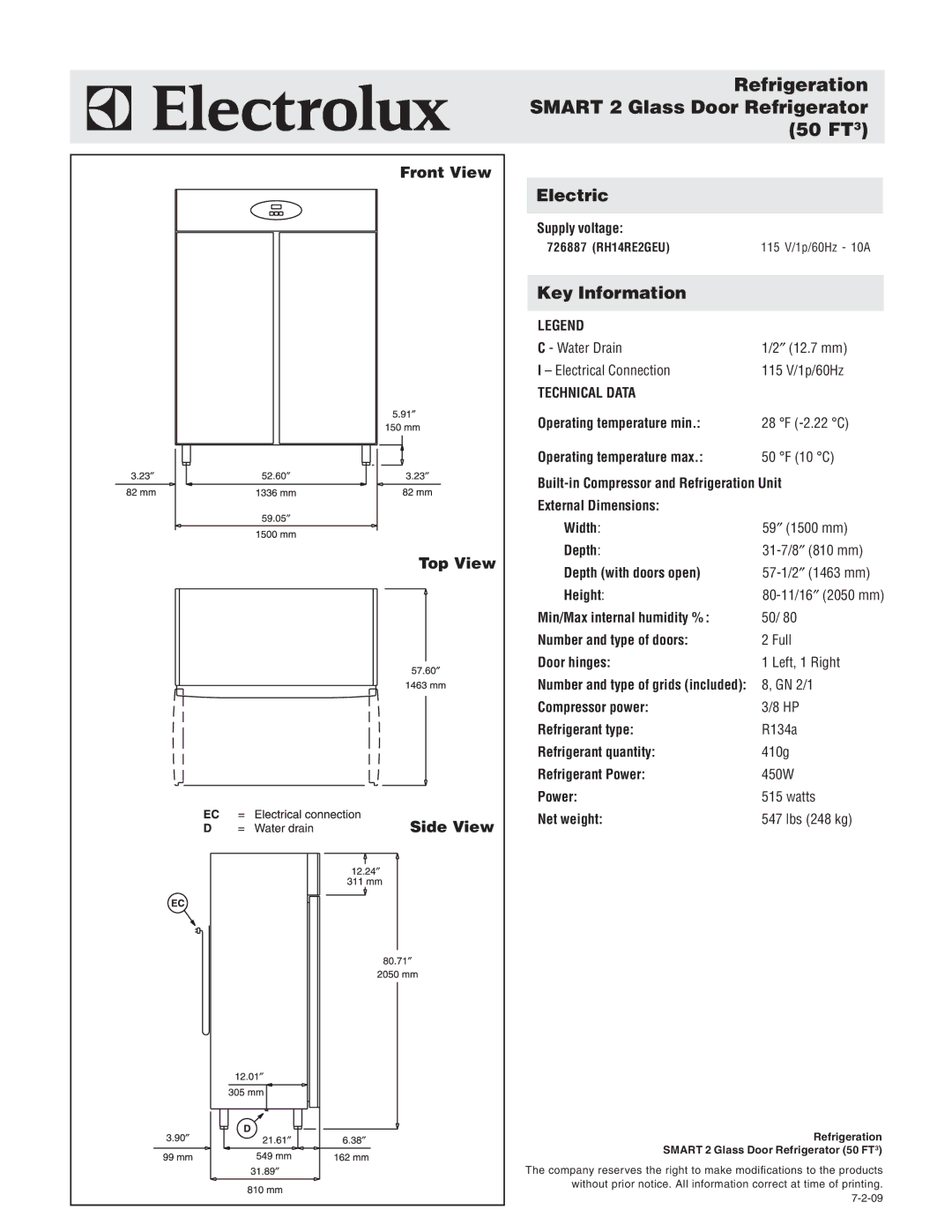 Electrolux 726887, RH14RE2GEU warranty Refrigeration Smart 2 Glass Door Refrigerator 50 FT, Front View Top View Side View 