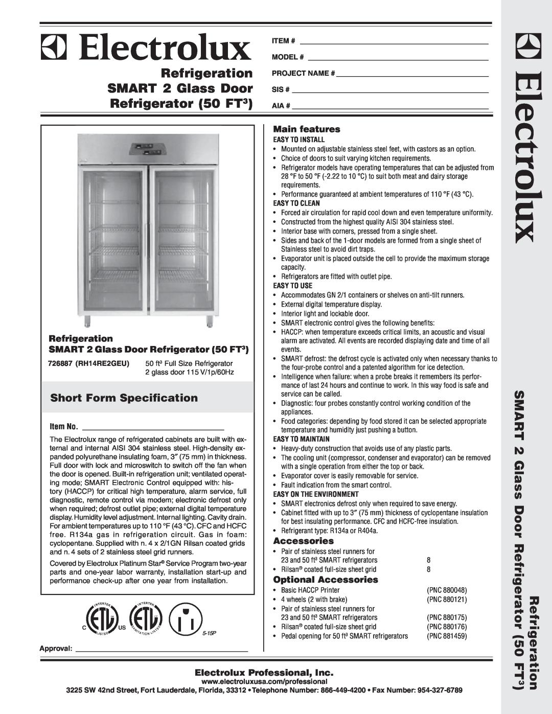 Electrolux RH14RE2GEU, 726887 warranty Short Form Specification, Main features, Refrigeration, Optional Accessories 