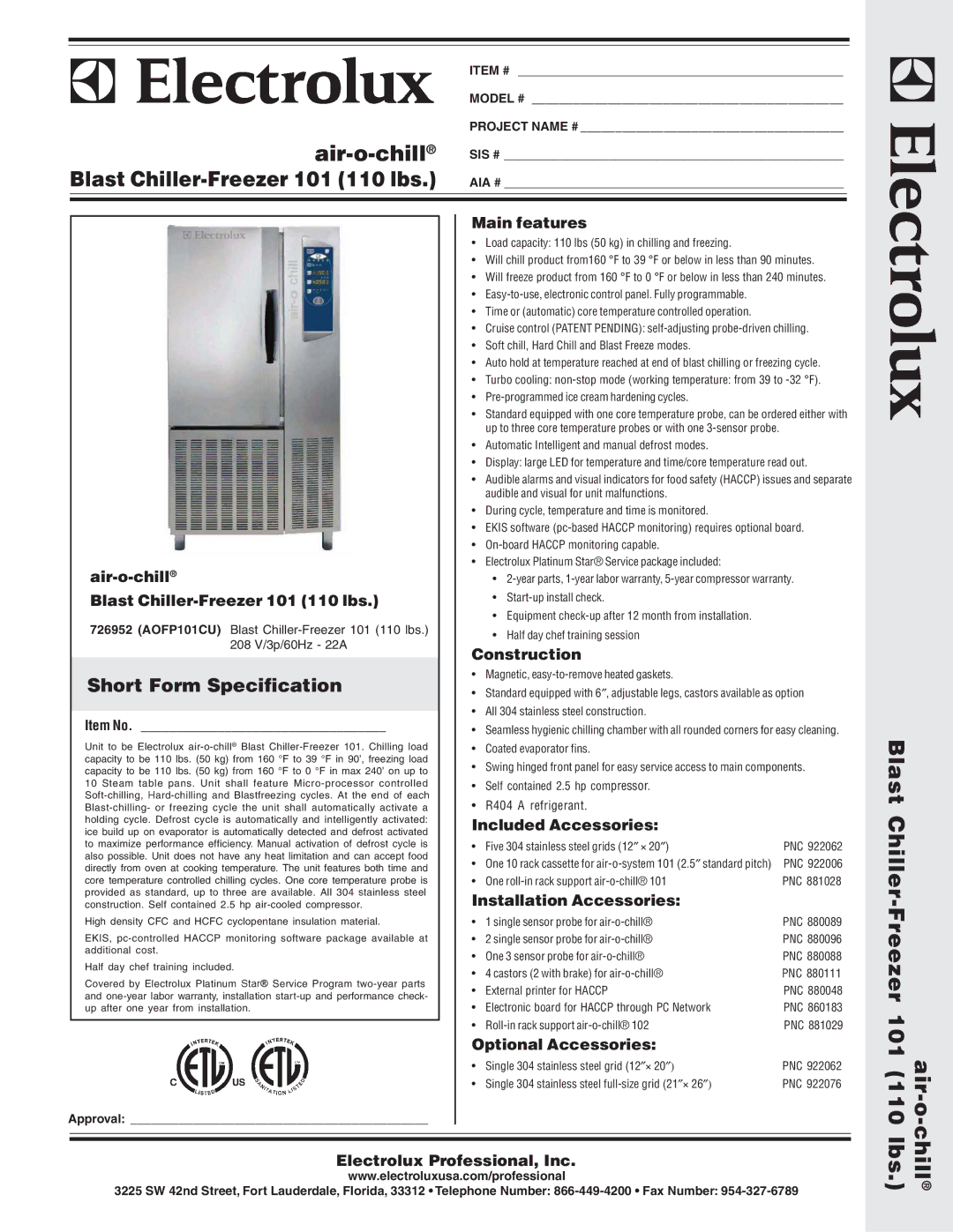 Electrolux AOFP101CU, 726952 warranty Air-o-chill, Air-o Blast Chiller-Freezer 101, Chilllbs, Short Form Specification 