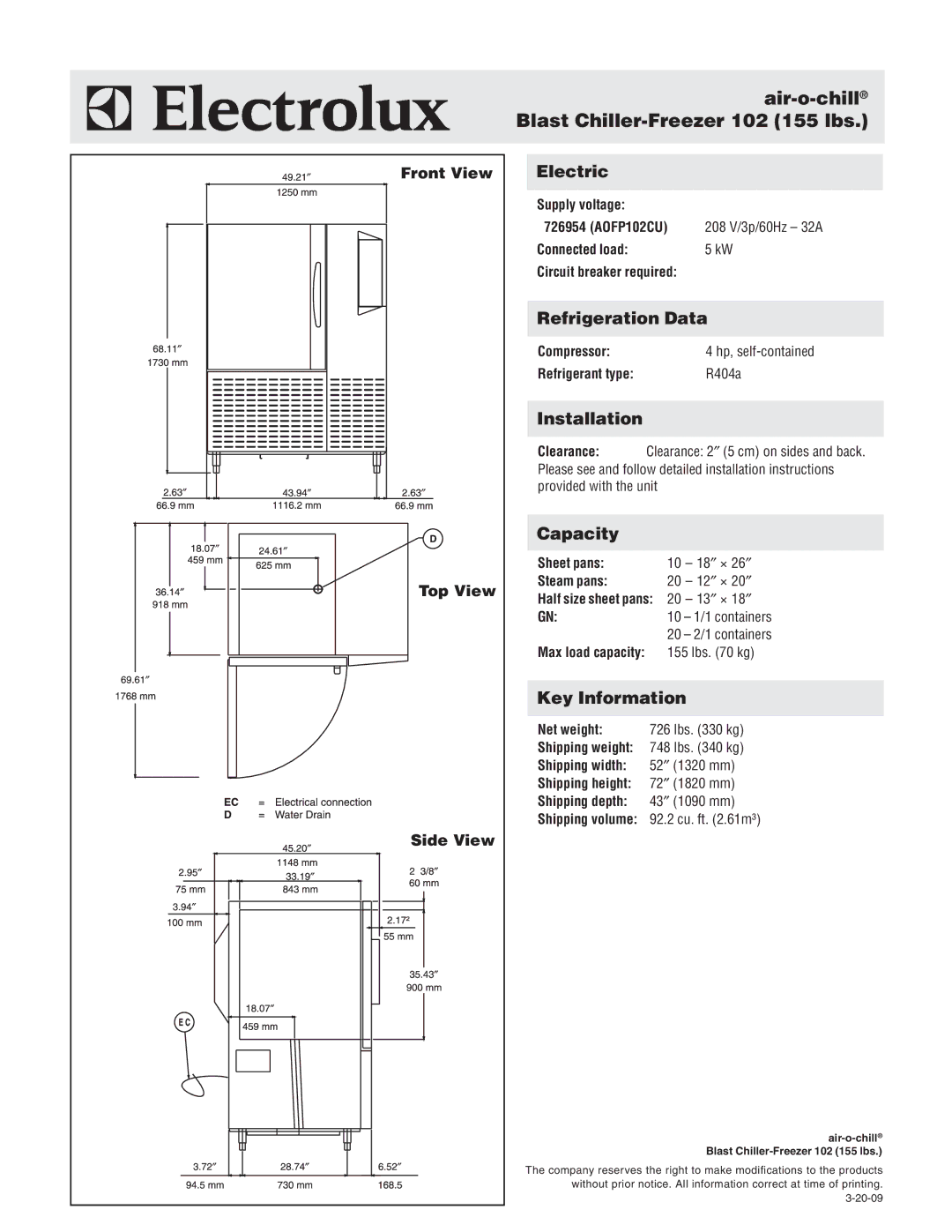 Electrolux 726954, AOFP102CU warranty Air-o-chillBlast Chiller-Freezer 102 155 lbs 