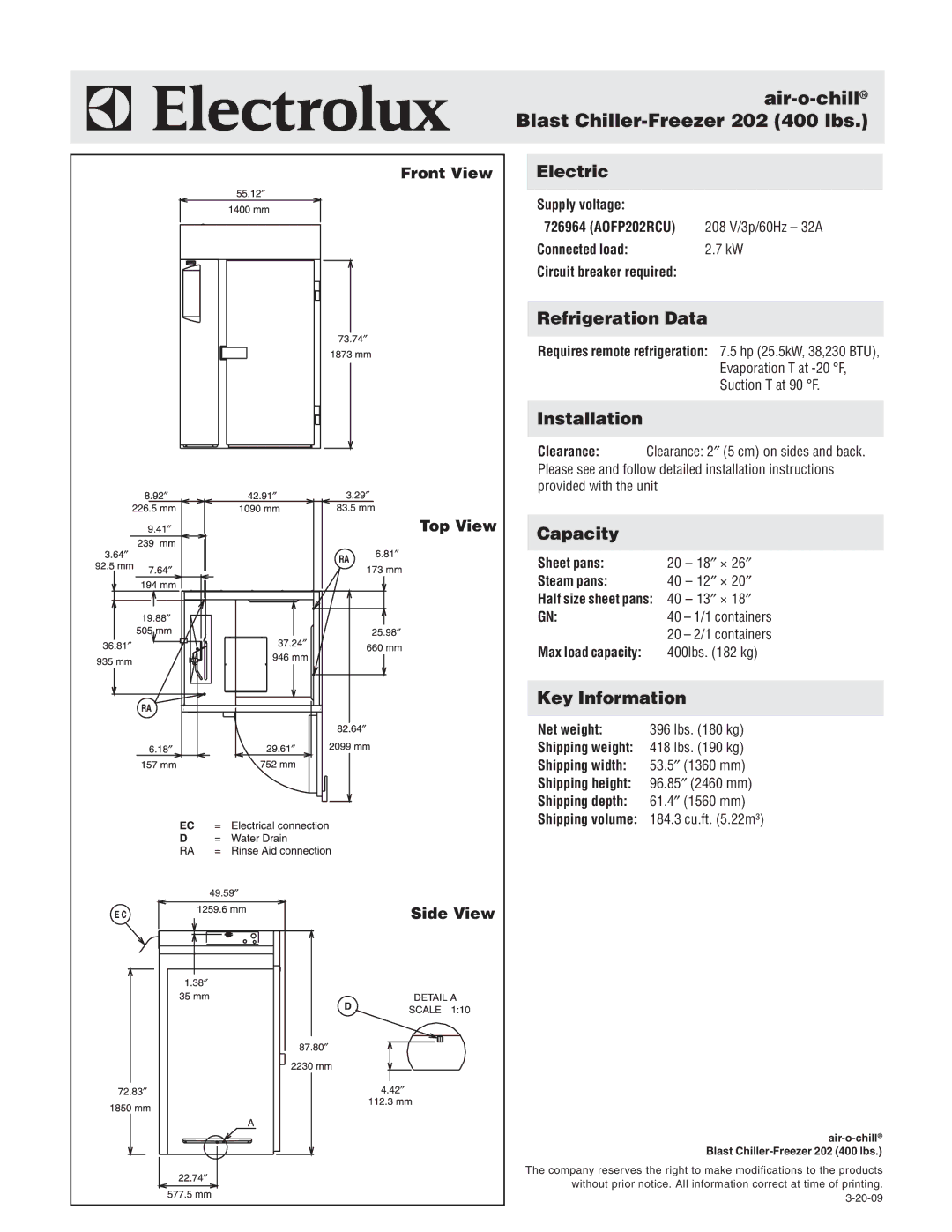 Electrolux 726964 (AOFP202RCU) warranty Electric, Refrigeration Data, Installation, Capacity, Key Information 