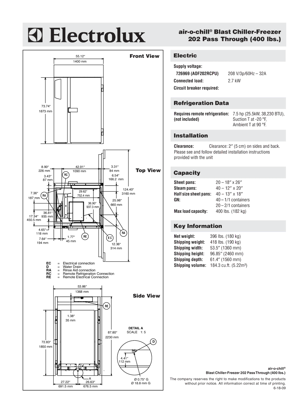 Electrolux 726969, AOF202RCPU warranty Electric, Refrigeration Data, Installation, Capacity, Key Information 