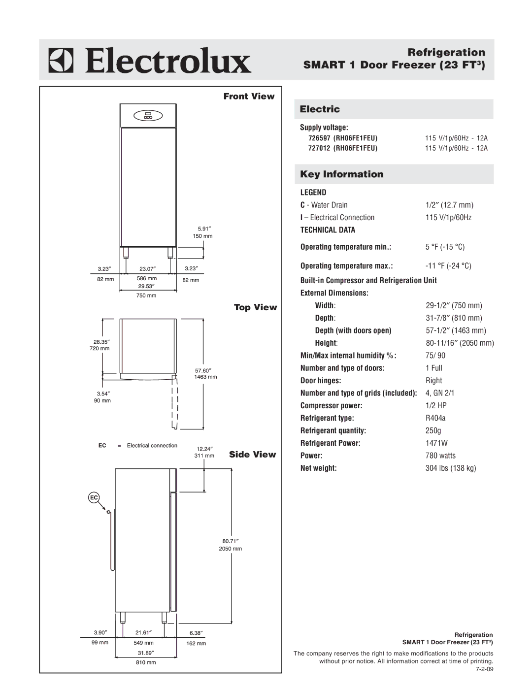 Electrolux 727012, 726597 warranty Refrigeration Smart 1 Door Freezer 23 FT3, Front View Top View Side View 