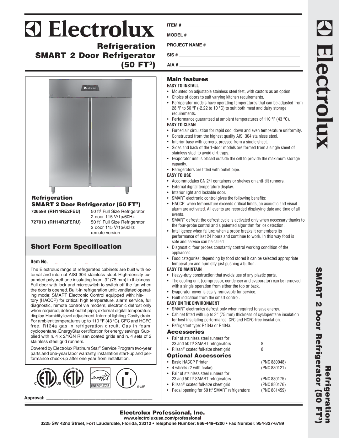 Electrolux 726598, 727013, RH14R2FERU warranty Main features, Refrigeration, Smart 2 Door Refrigerator 50 FT3, Accessories 