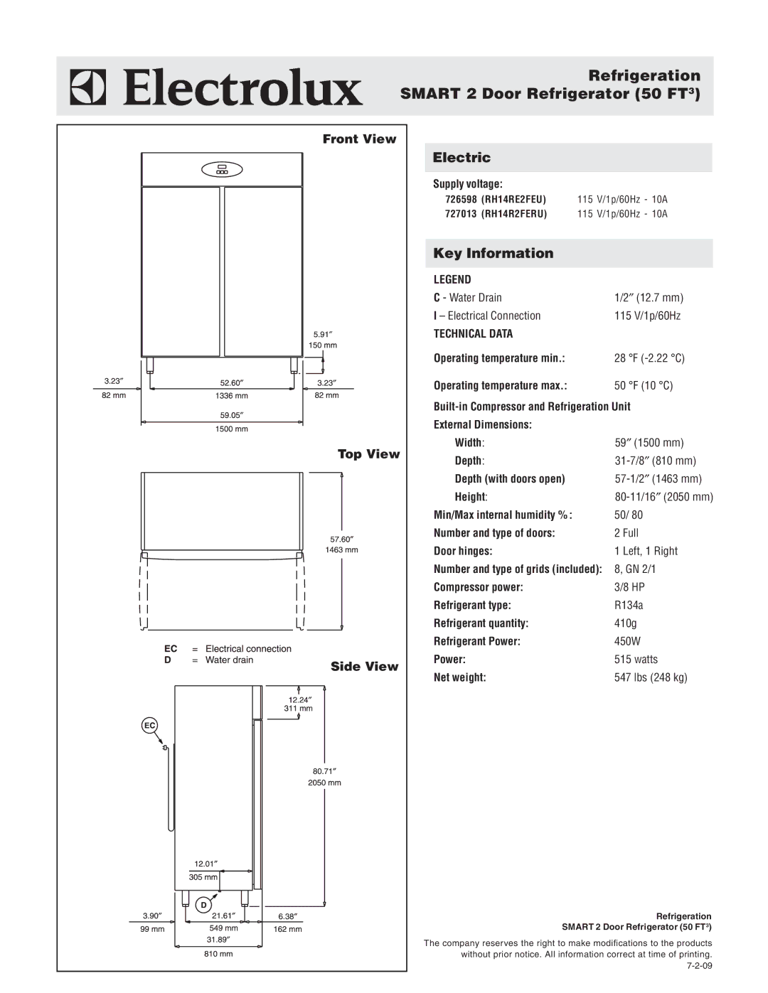 Electrolux RH14R2FERU, 727013, 726598 warranty Front View Top View Side View, RH14RE2FEU 