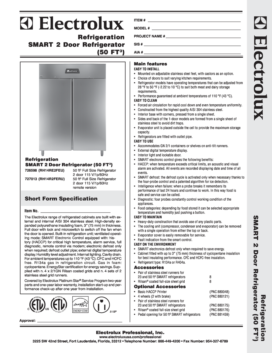 Electrolux 726598 warranty Short Form Specification, Main features, Refrigeration, SMART 2 Door Refrigerator 50 FT3 