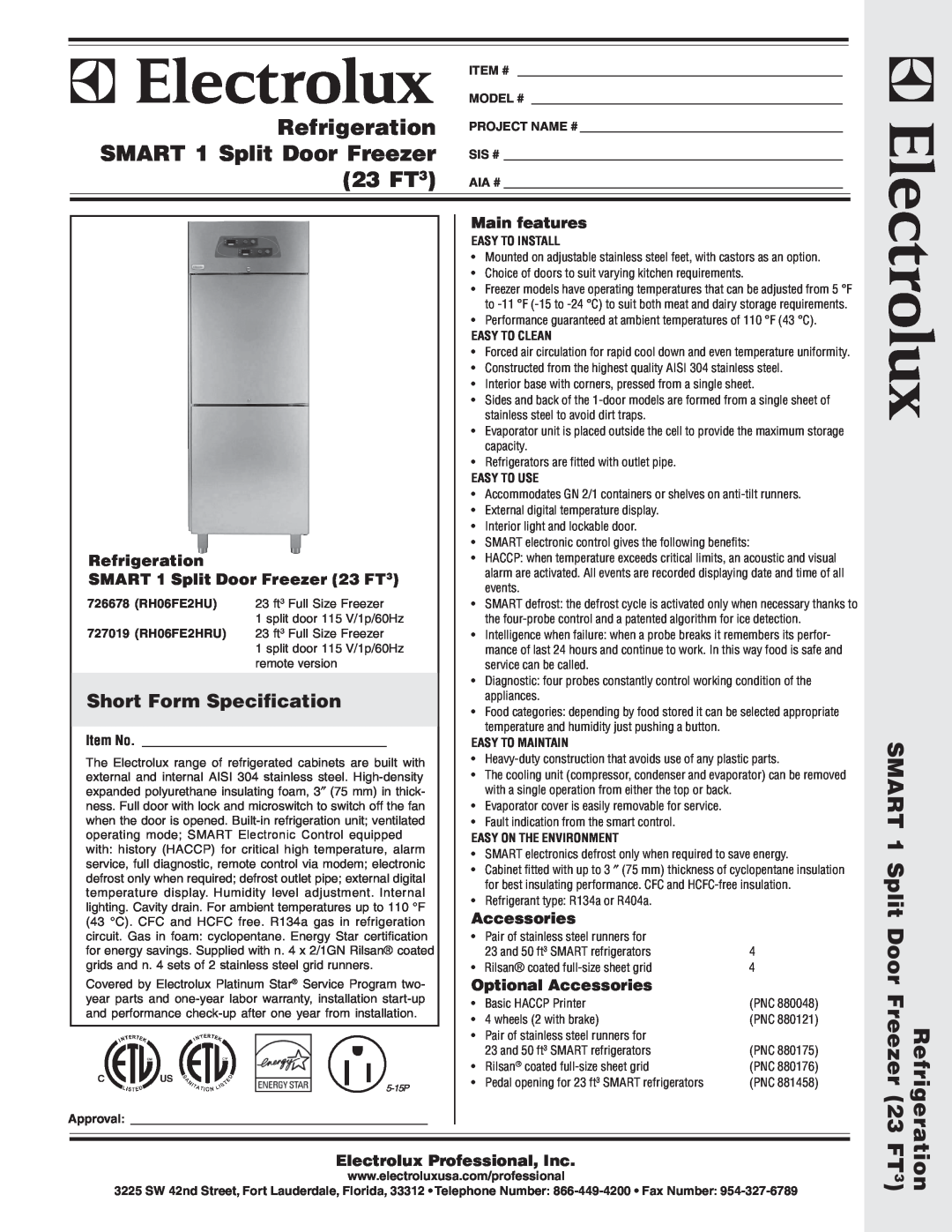 Electrolux RH06FE2HRU warranty Short Form Specification, Main features, Refrigeration, SMART 1 Split Door Freezer 23 FT3 
