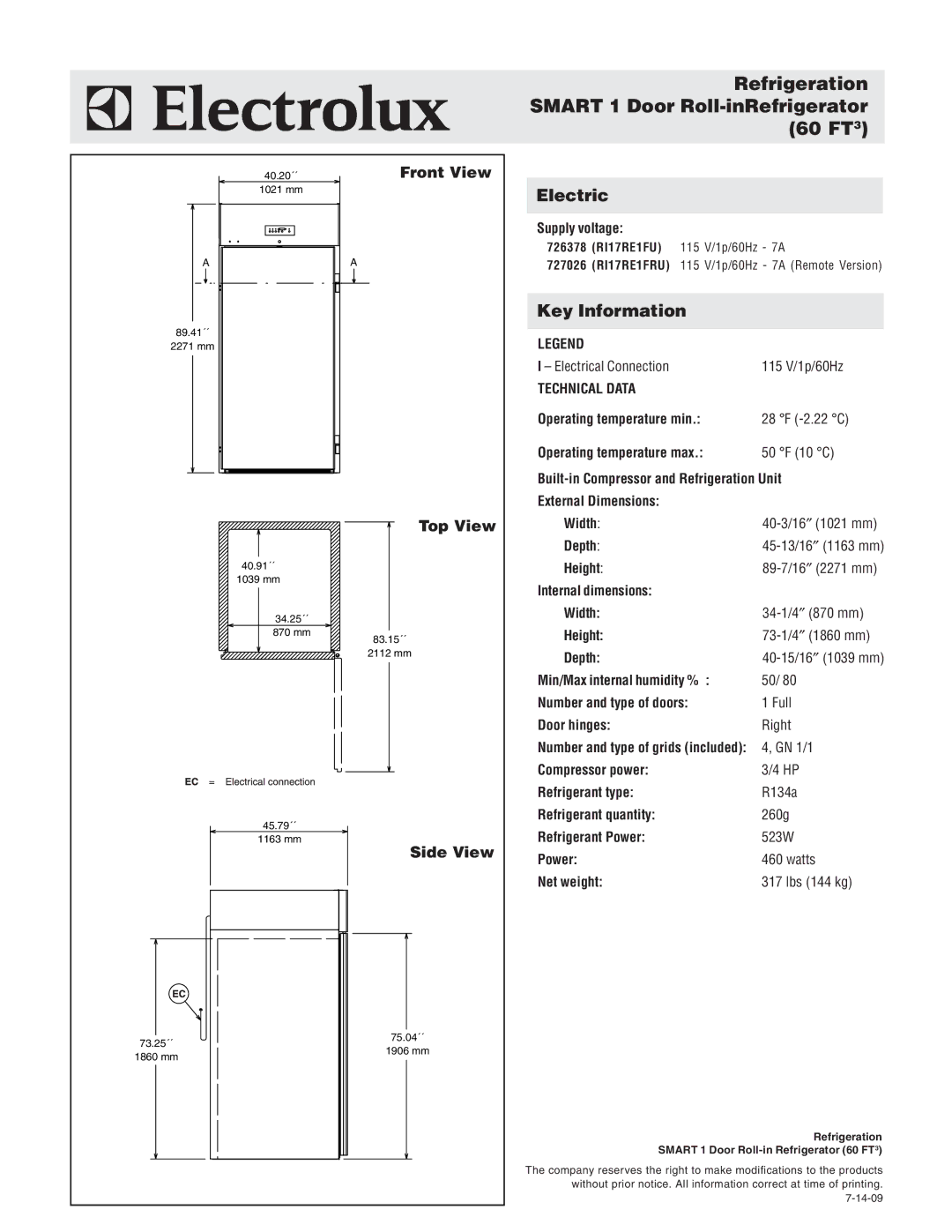 Electrolux RI17RE1FRU, 727026, 726378 warranty 40.20´´Front View, Top View, Side View 