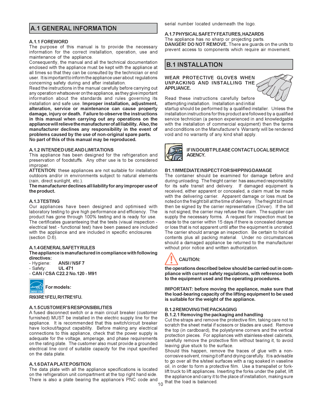 Electrolux 727027 Foreword, Intendeduseandlimitations, 3TESTING, 4GENERALSAFETYRULES, Ansi / NSF, RI93RE1FEU,RI17RE1FU 