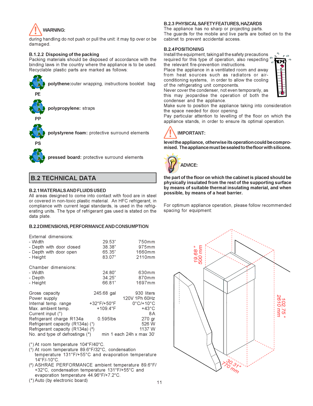 Electrolux RI93RE1FEU, 727027, 727028 1MATERIALSANDFLUIDSUSED, 2DIMENSIONS,PERFORMANCEANDCONSUMPTION, 4POSITIONING, Advice 