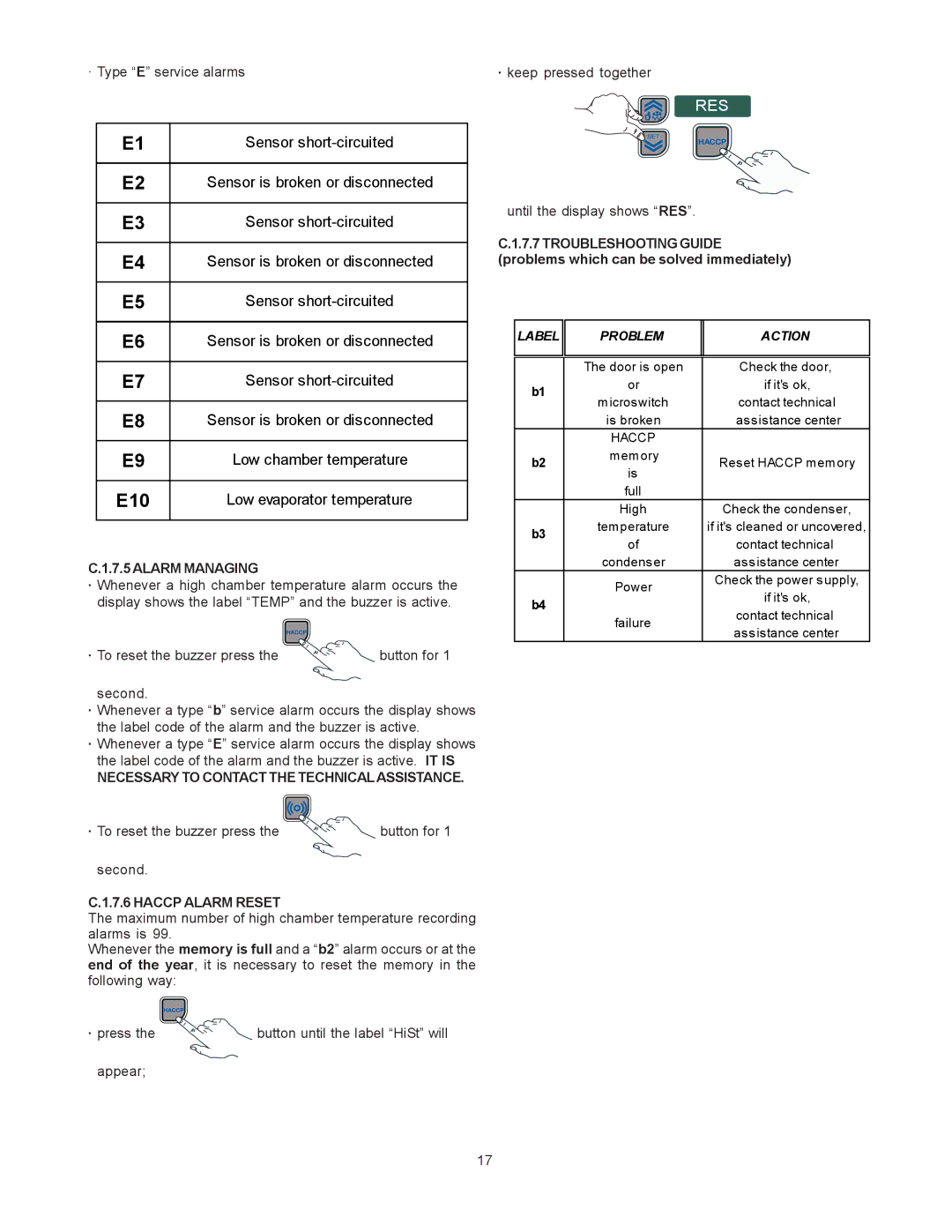 Electrolux 727028, 727027, RI17RE1FU manual Alarm Managing, Necessary to Contact the Technicalassistance, Haccp Alarm Reset 