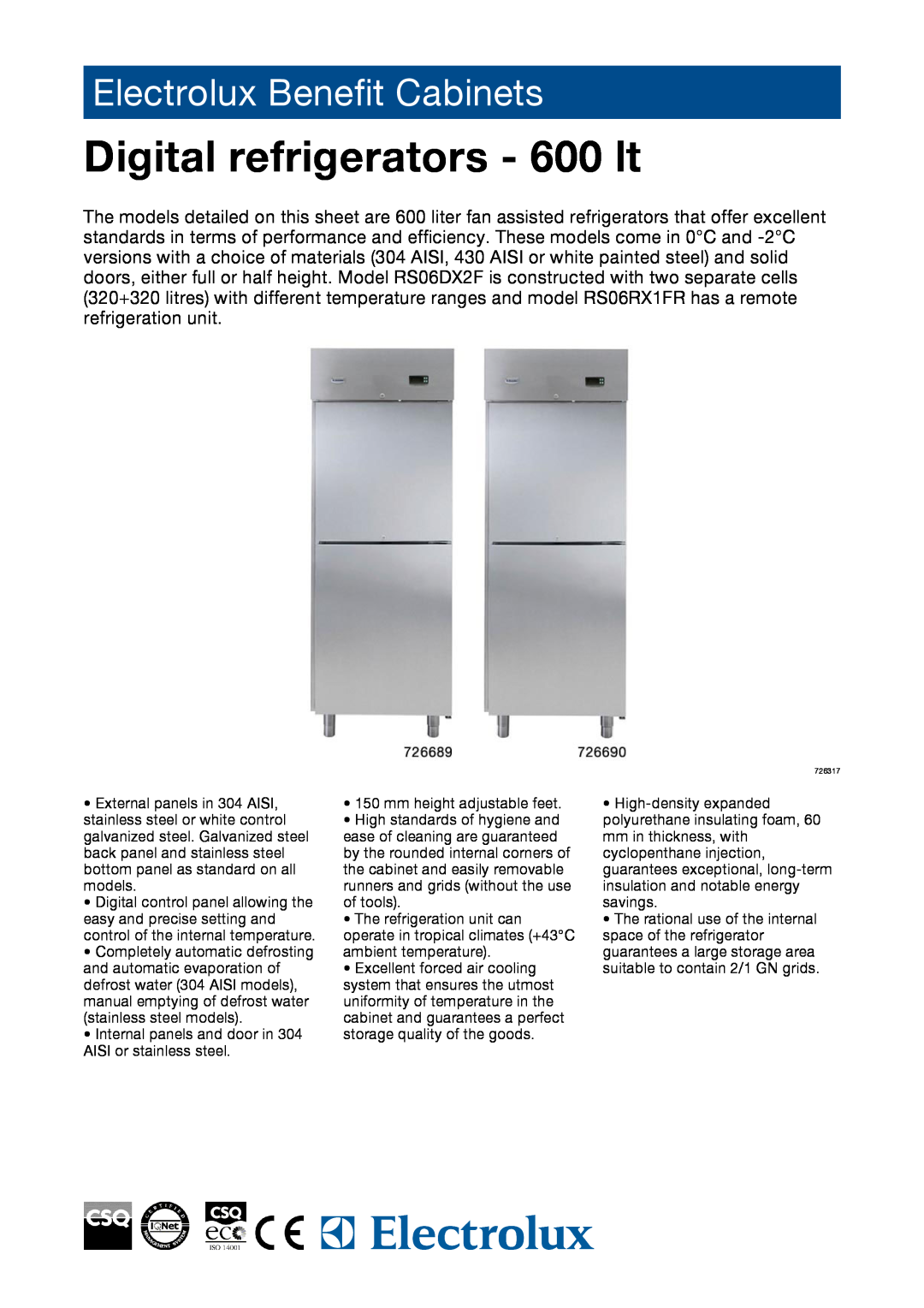 Electrolux 726689, 727103, 726455, 726317, 726319, 726454 manual Digital refrigerators - 600 lt, Electrolux Benefit Cabinets 