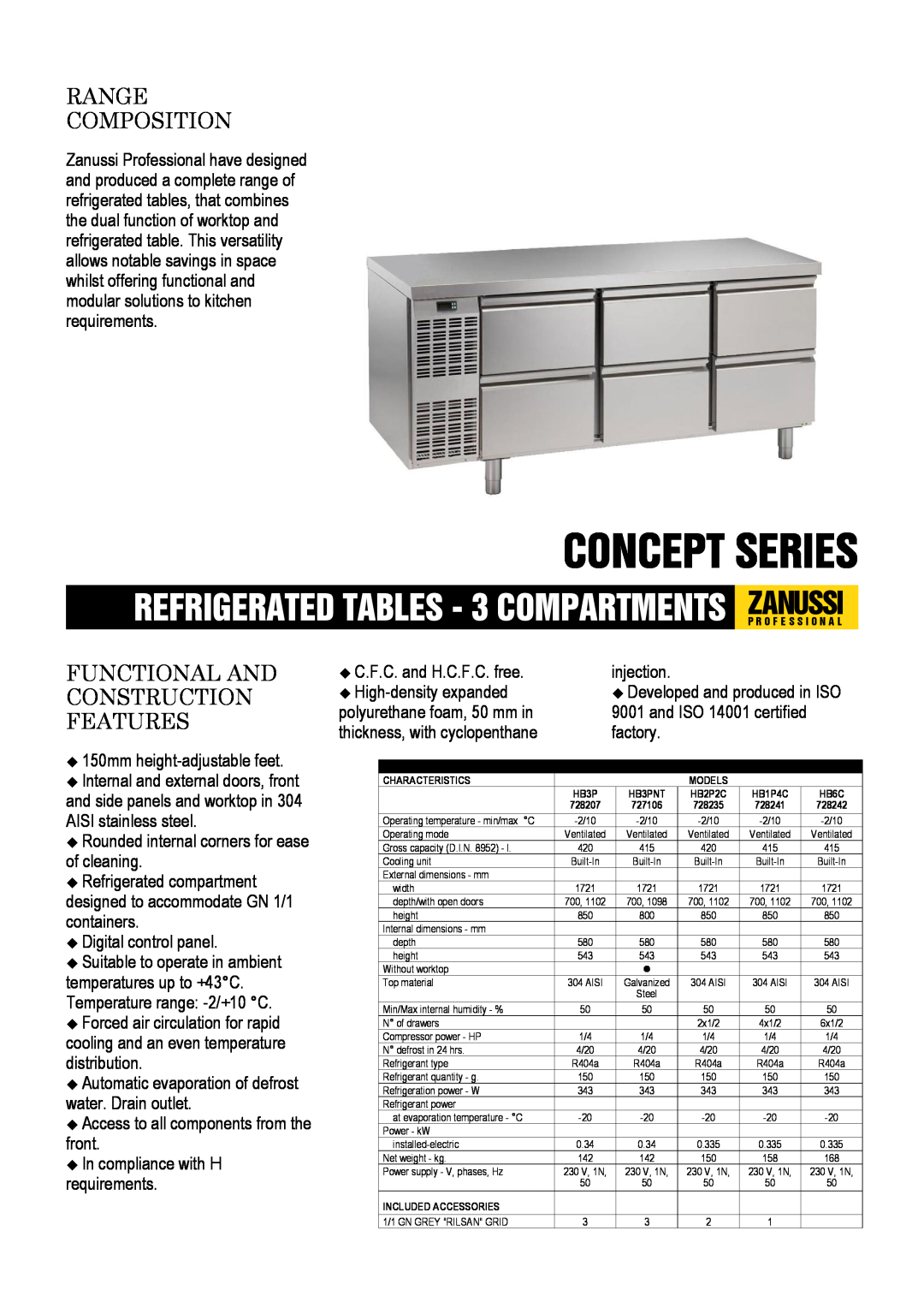 Electrolux 728207, 727106 dimensions Concept Series, REFRIGERATED TABLES - 3 COMPARTMENTS ZANUSSIP R O F E S S I O N A L 