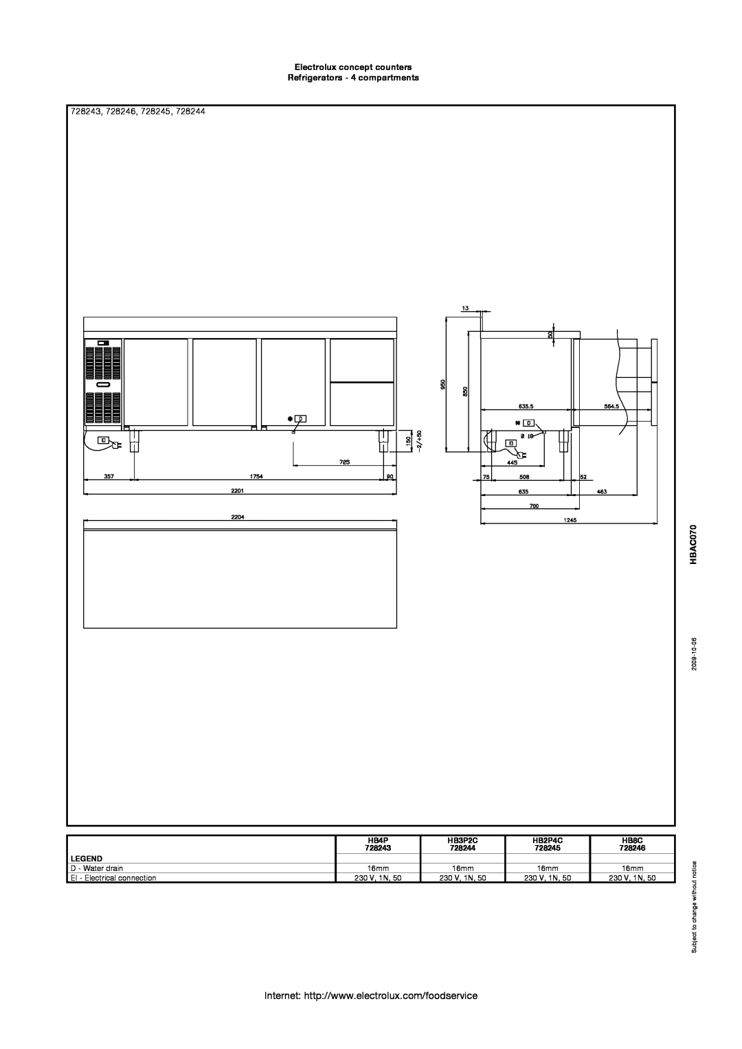 Electrolux 727107, HB4P 728243, 728246, Electrolux concept counters Refrigerators - 4 compartments, HBAC070, 2009-10-06 