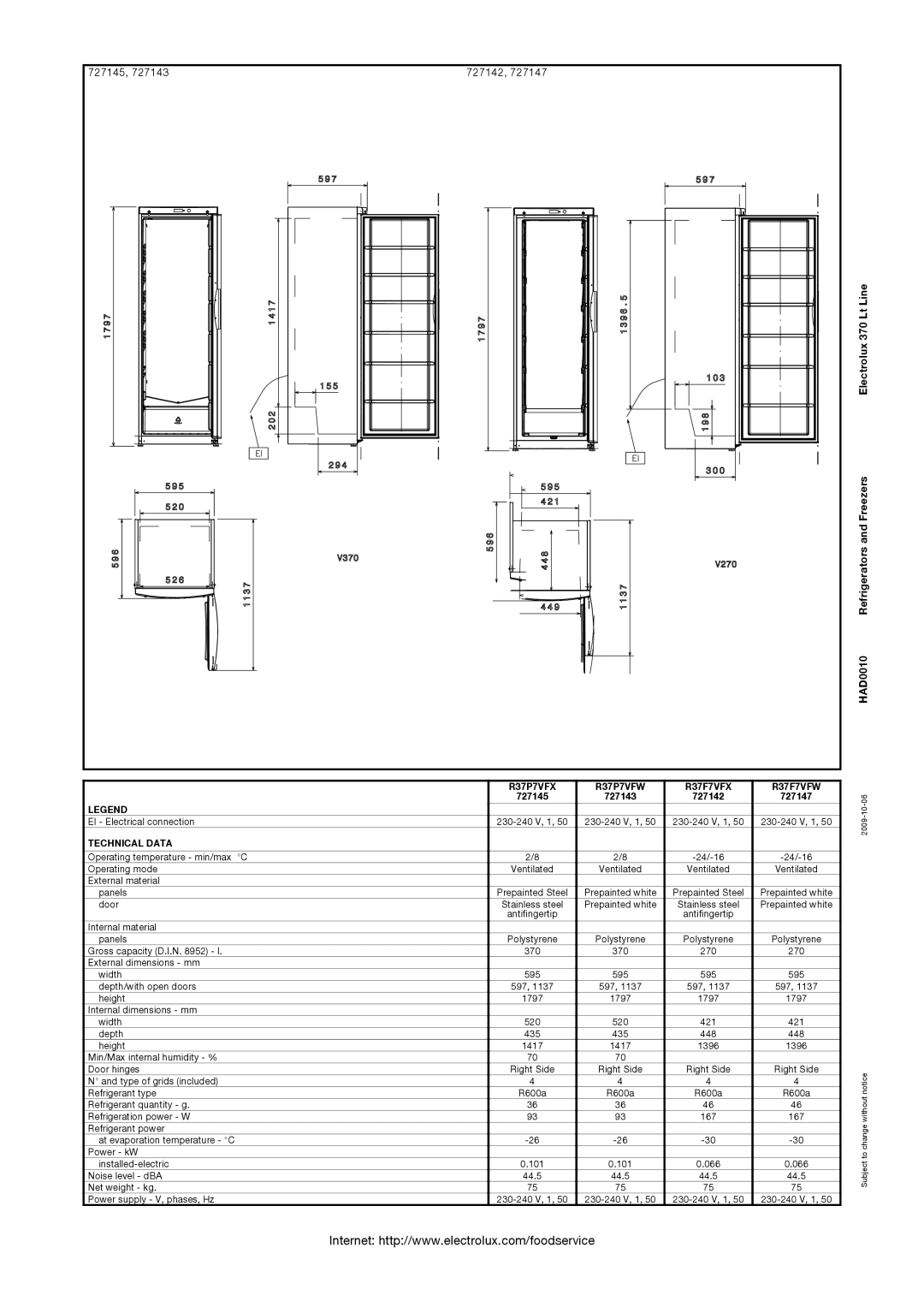 Electrolux 727143 727142, Electrolux 370 Lt Line HAD0010 Refrigerators and Freezers, R37P7VFX R37P7VFW R37F7VFX R37F7VFW 