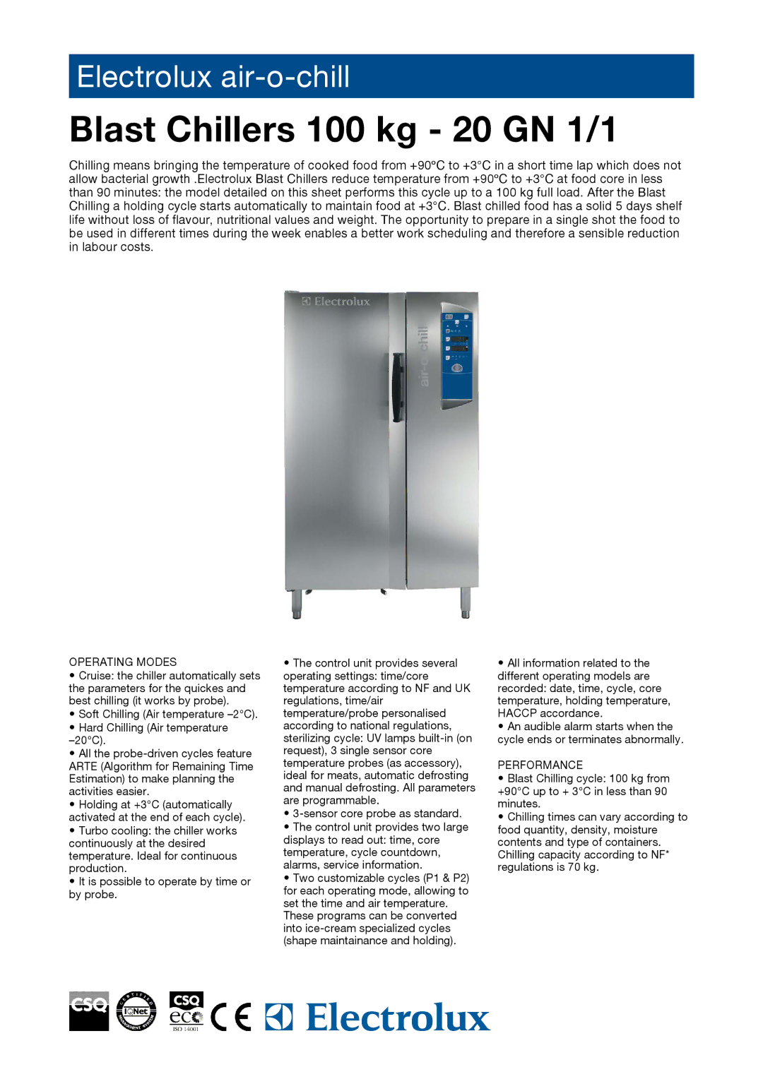 Electrolux AOCP201CRR, 727151, AOCP061T manual Blast Chillers 100 kg 20 GN 1/1, Operating Modes, Performance 