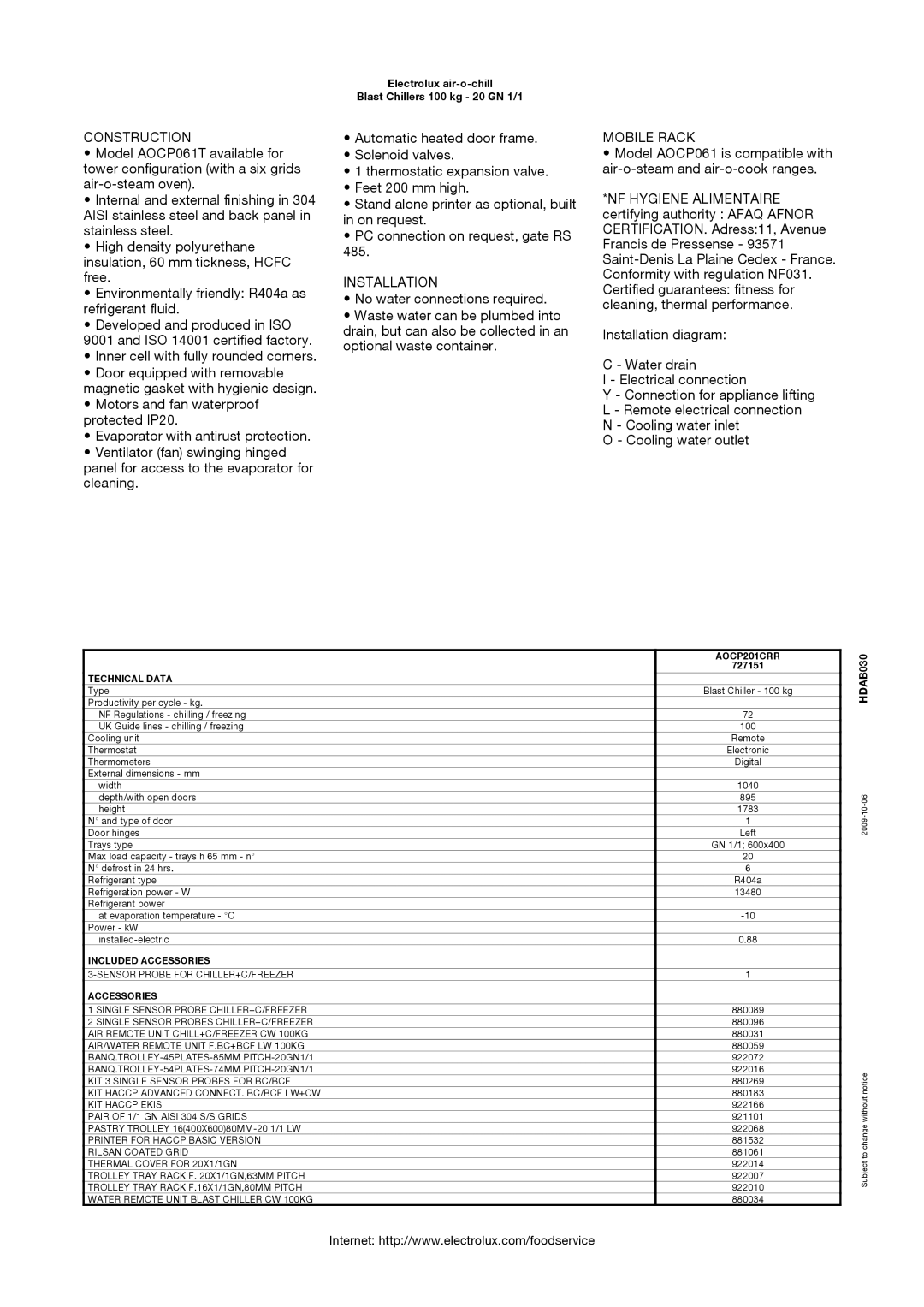 Electrolux AOCP061T, 727151, AOCP201CRR manual Construction, Installation, Mobile Rack, HDAB030 