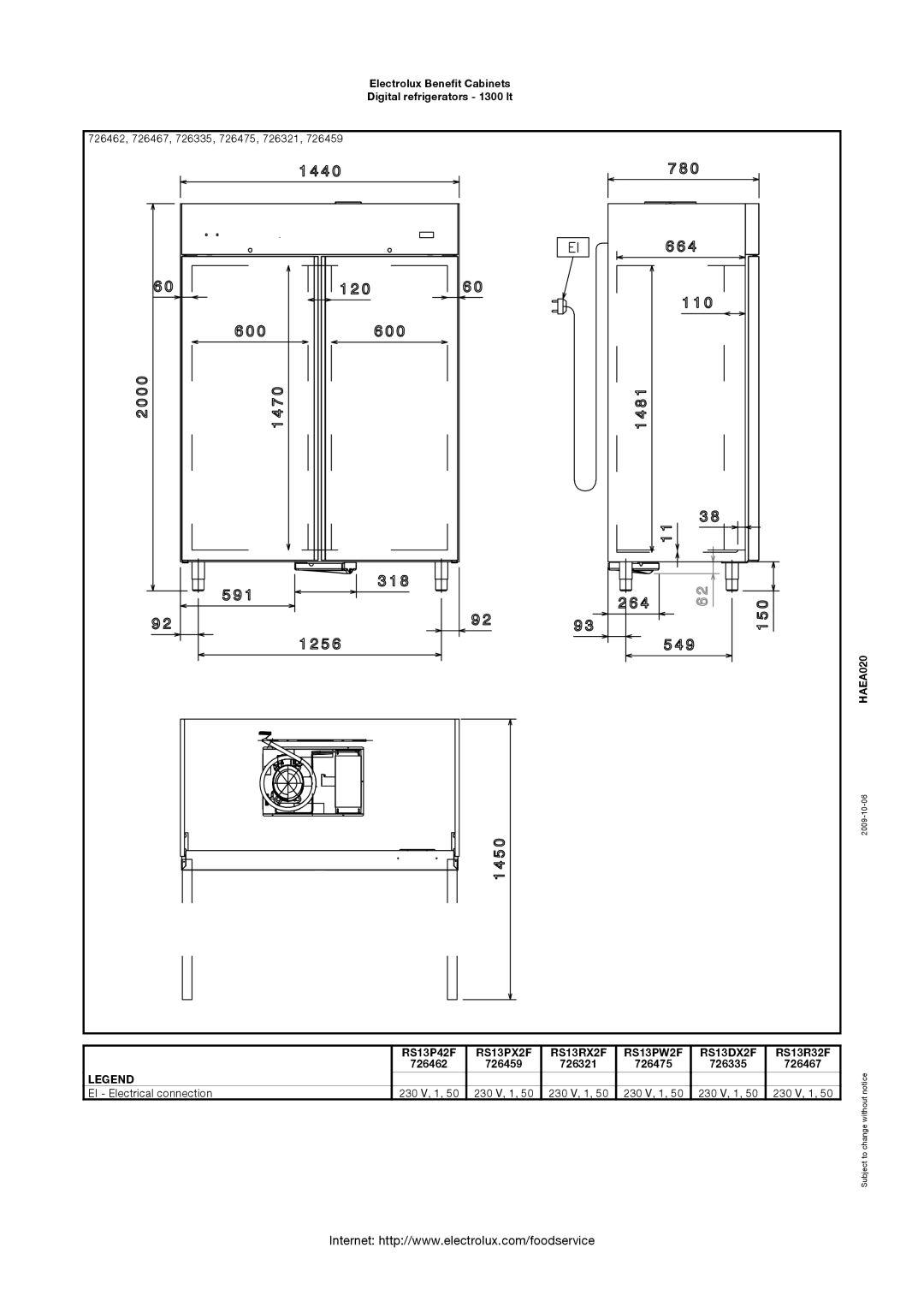 Electrolux 726459, 727157, 726467, 726462, 726475, 726321, 726335, RS13PX2F, RS13P42F, RS13DX2F, RS13PW2F, RS13R32F, RS13RX2F HAEA020 