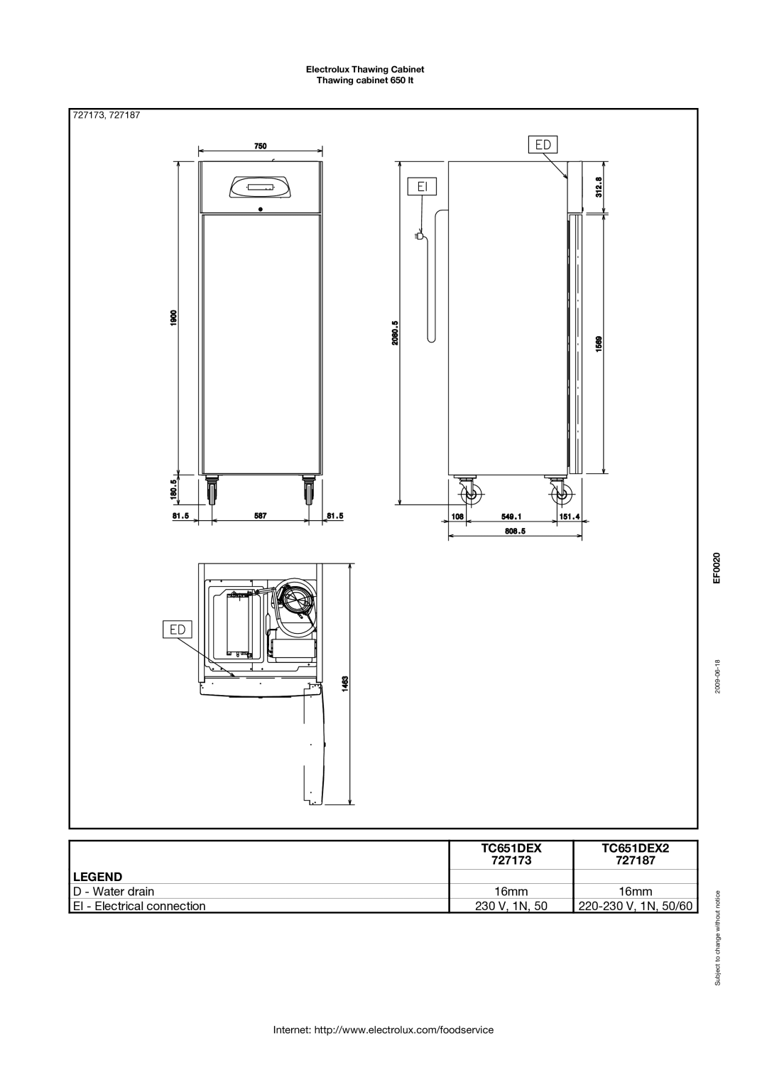 Electrolux 727187, 727173, TC651DEX2 dimensions Water drain 