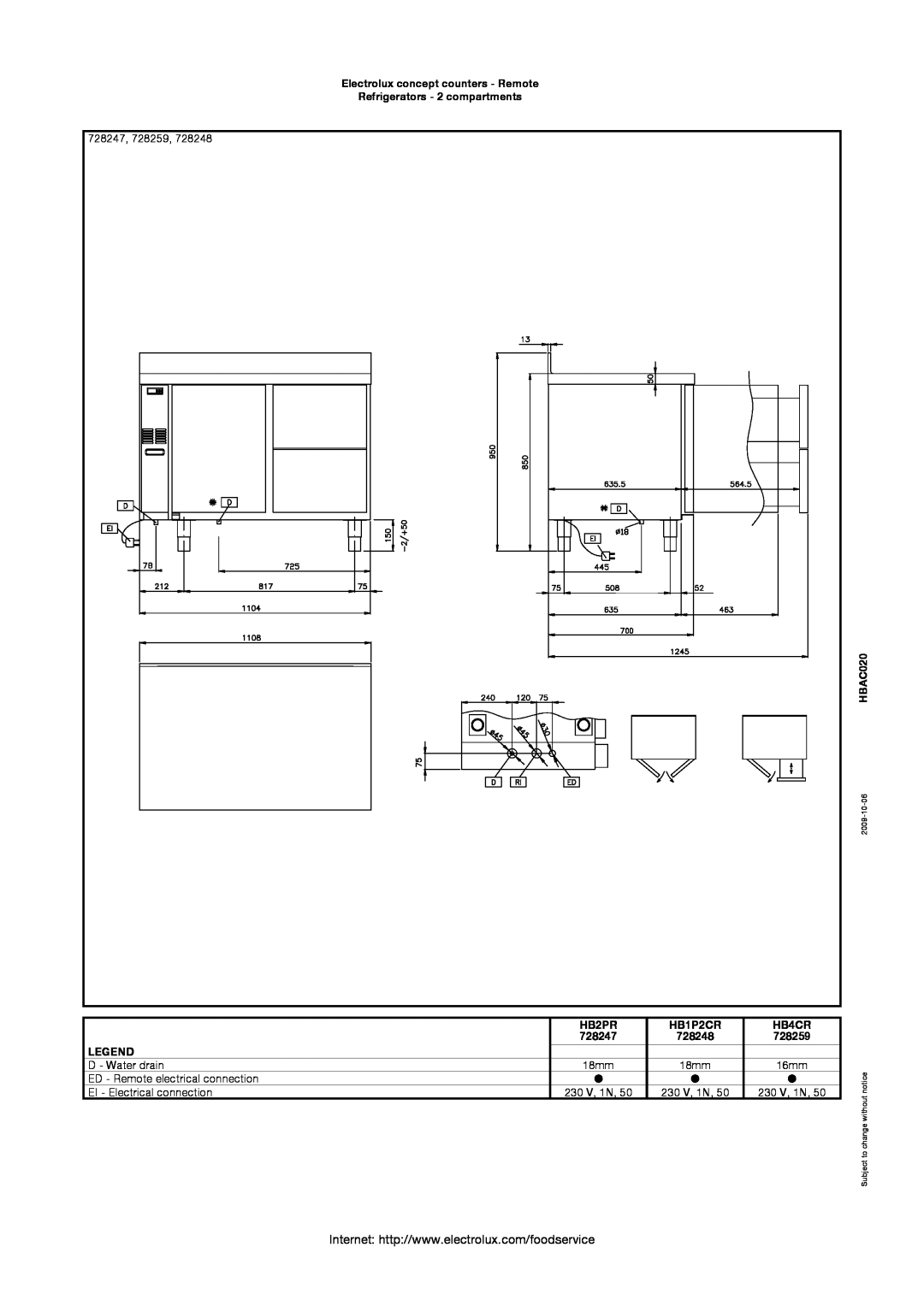 Electrolux 728259 HB2PR, HB1P2CR, HB4CR, Electrolux concept counters - Remote Refrigerators - 2 compartments, HBAC020 