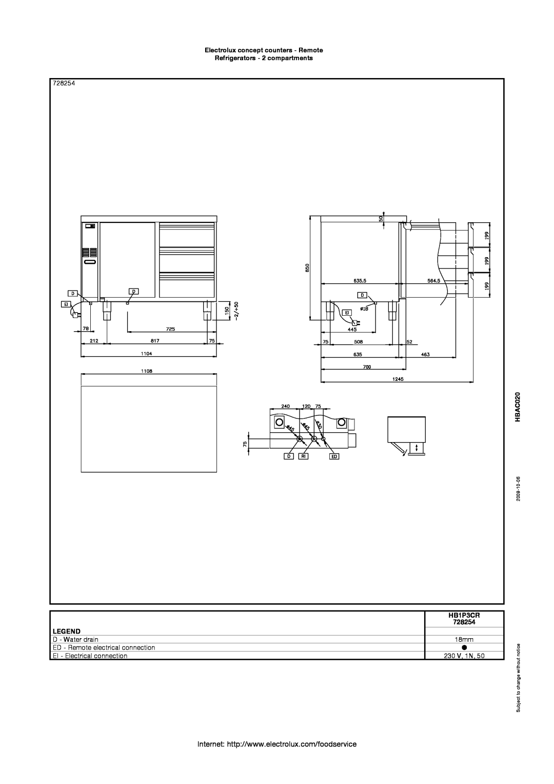Electrolux 728254, HB4CR Electrolux concept counters - Remote Refrigerators - 2 compartments, HBAC020, HB1P3CR, 2009-10-06 