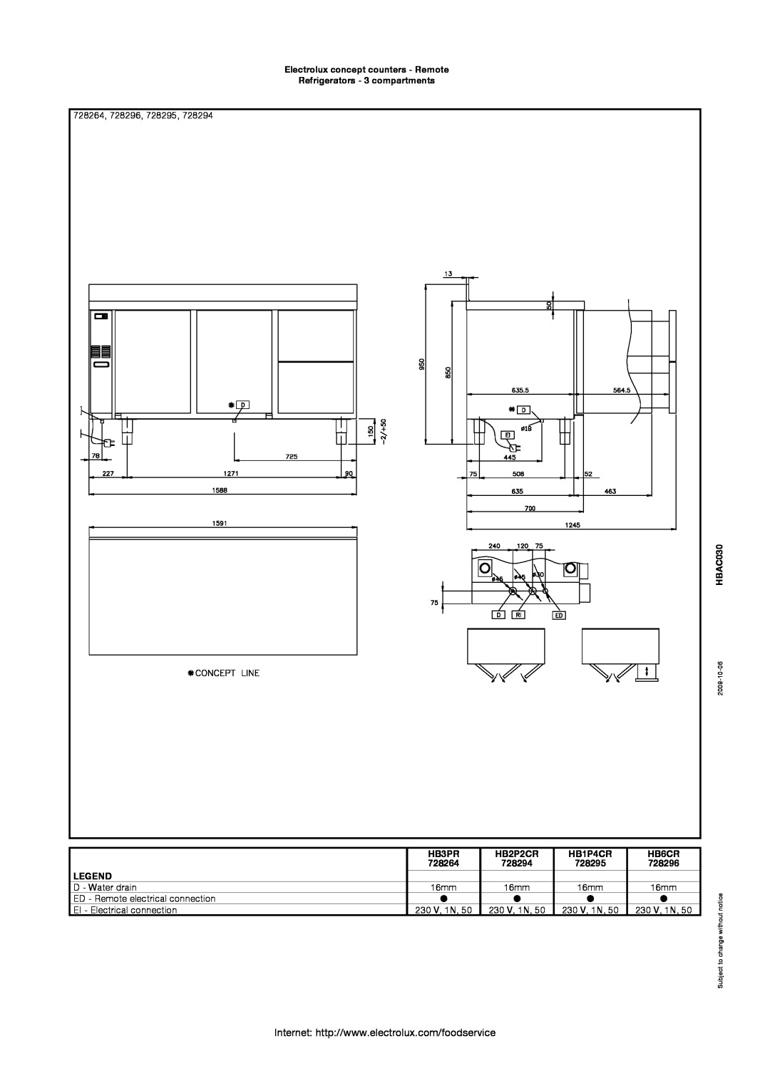 Electrolux 728295 HB3PR, HB2P2CR, HB1P4CR, HB6CR, Electrolux concept counters - Remote Refrigerators - 3 compartments 