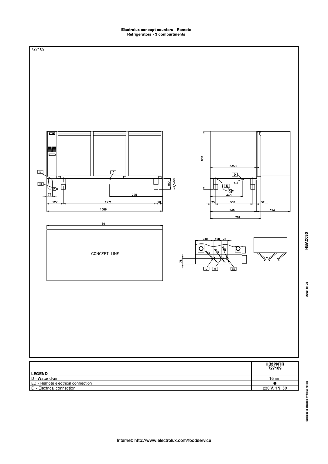 Electrolux 727109, HB3PR Electrolux concept counters - Remote Refrigerators - 3 compartments, HBAC030, HB3PNTR, 2009-10-06 