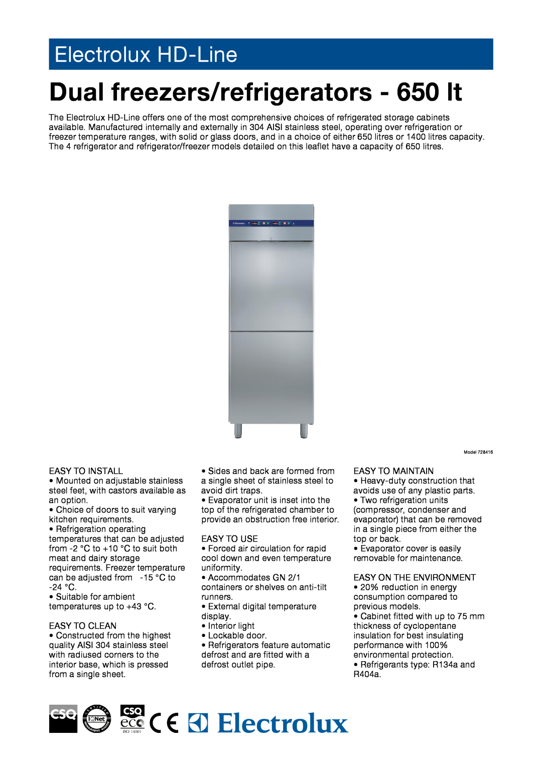 Electrolux 728418, 728417, 728416, RH06DD2FR, RH06DFD2F manual Dual freezers/refrigerators - 650 lt, Electrolux HD-Line 