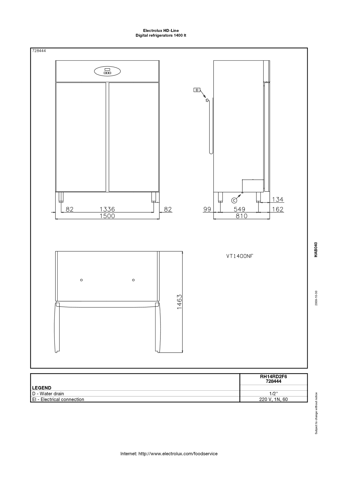 Electrolux RH14RD2F6, 728420, 728424, 728423, 728422, 728444, RH14RD4F, RH14RD2FR Water drain EI Electrical connection 220 V, 1N 