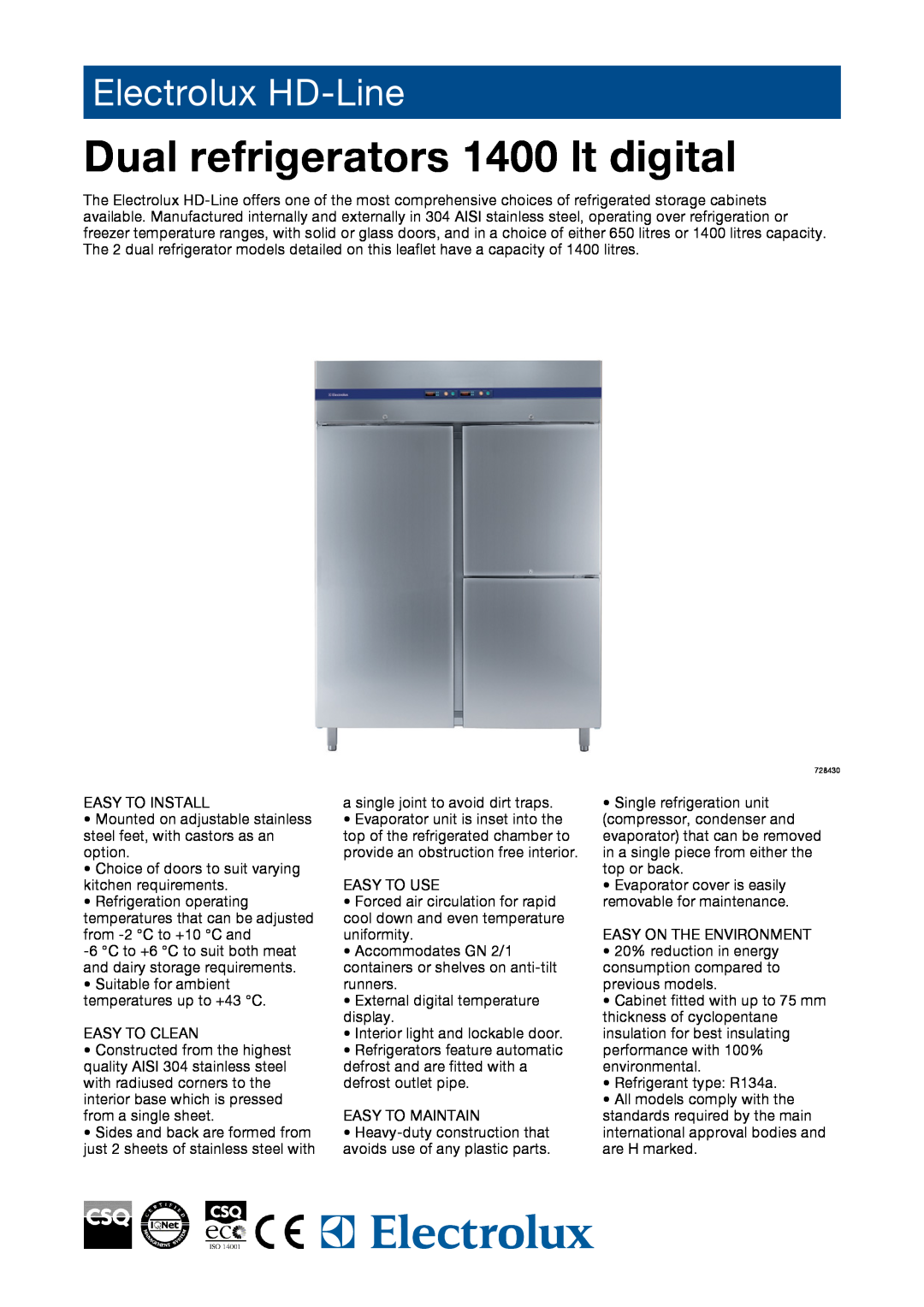 Electrolux 728430, 728428, RH14DD3F, RH14DD2F manual Dual refrigerators 1400 lt digital, Electrolux HD-Line 