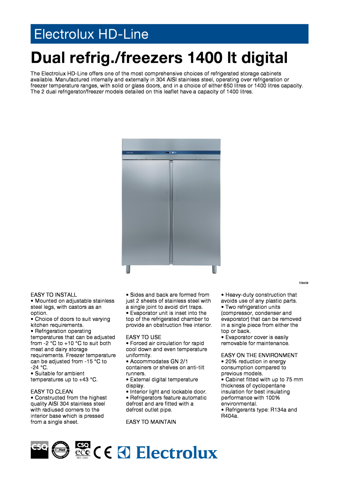 Electrolux RH14DFD2, 728429 manual Dual refrig./freezers 1400 lt digital, Electrolux HD-Line 