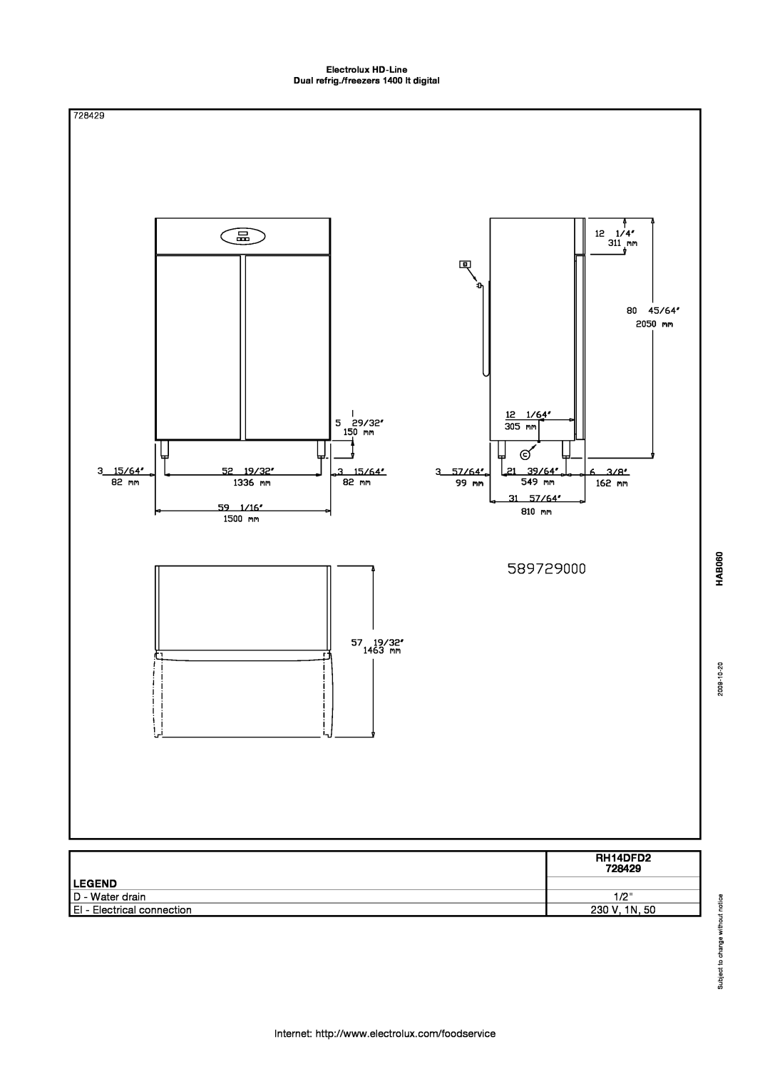 Electrolux RH14DFD2 manual 728429, Electrolux HD-Line Dual refrig./freezers 1400 lt digital, HAB060, 2009-10-20 