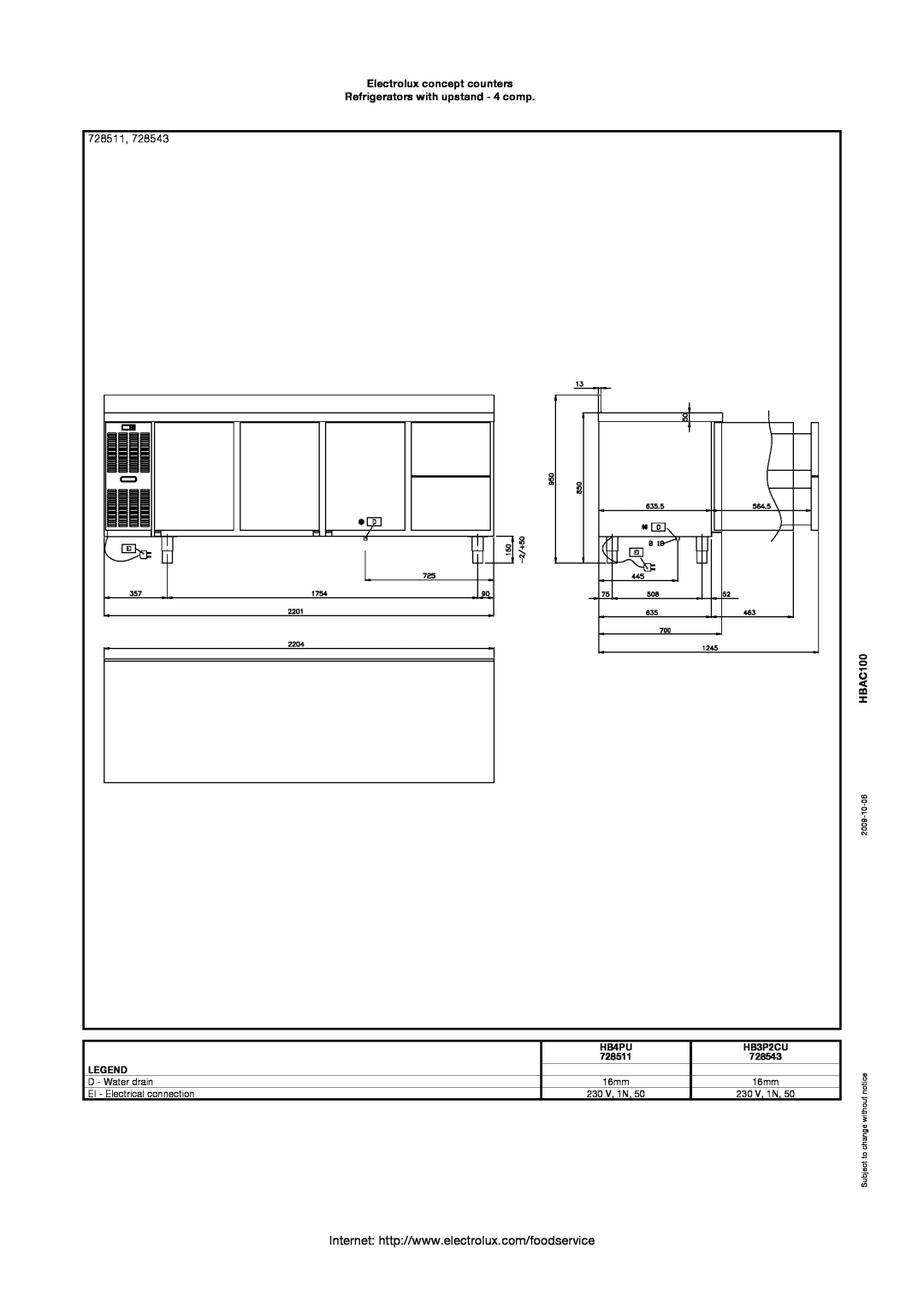 Electrolux HB3P2CU manual 728511, Electrolux concept counters Refrigerators with upstand - 4 comp, HBAC100, HB4PU, 728543 