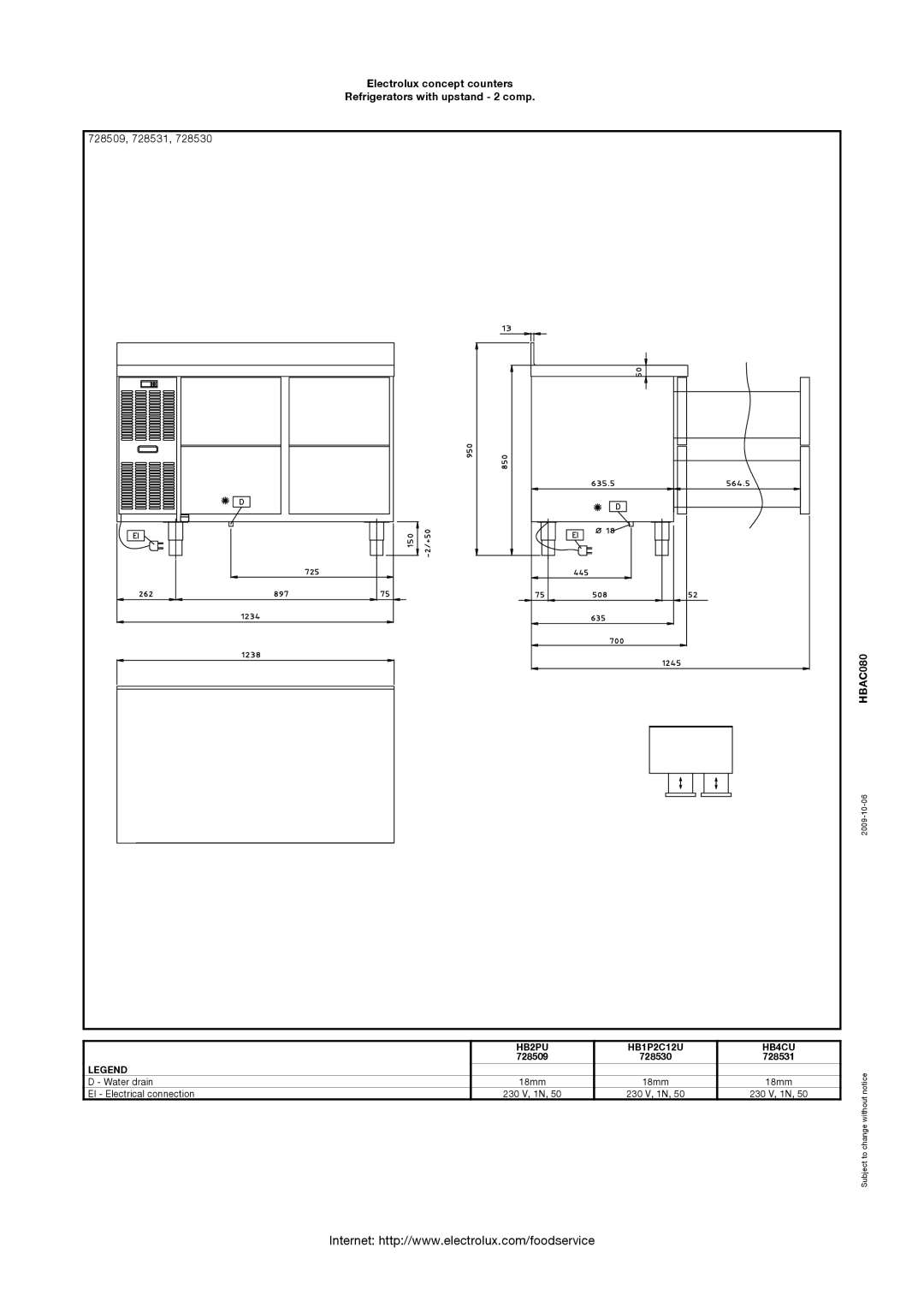 Electrolux HB1P2C12U, 728530, HB2PU, HB4CU manual 728509, 728531, HBAC080 