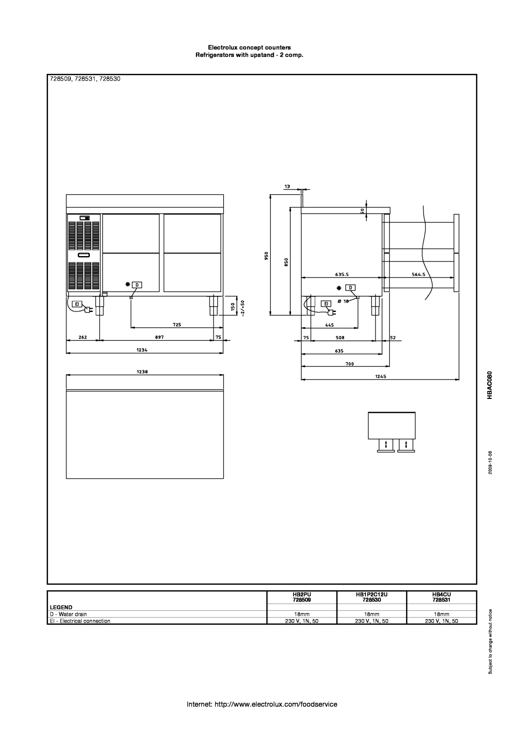 Electrolux HB1P2C12U manual 728509, 728531, Electrolux concept counters Refrigerators with upstand - 2 comp, HBAC080, HB2PU 